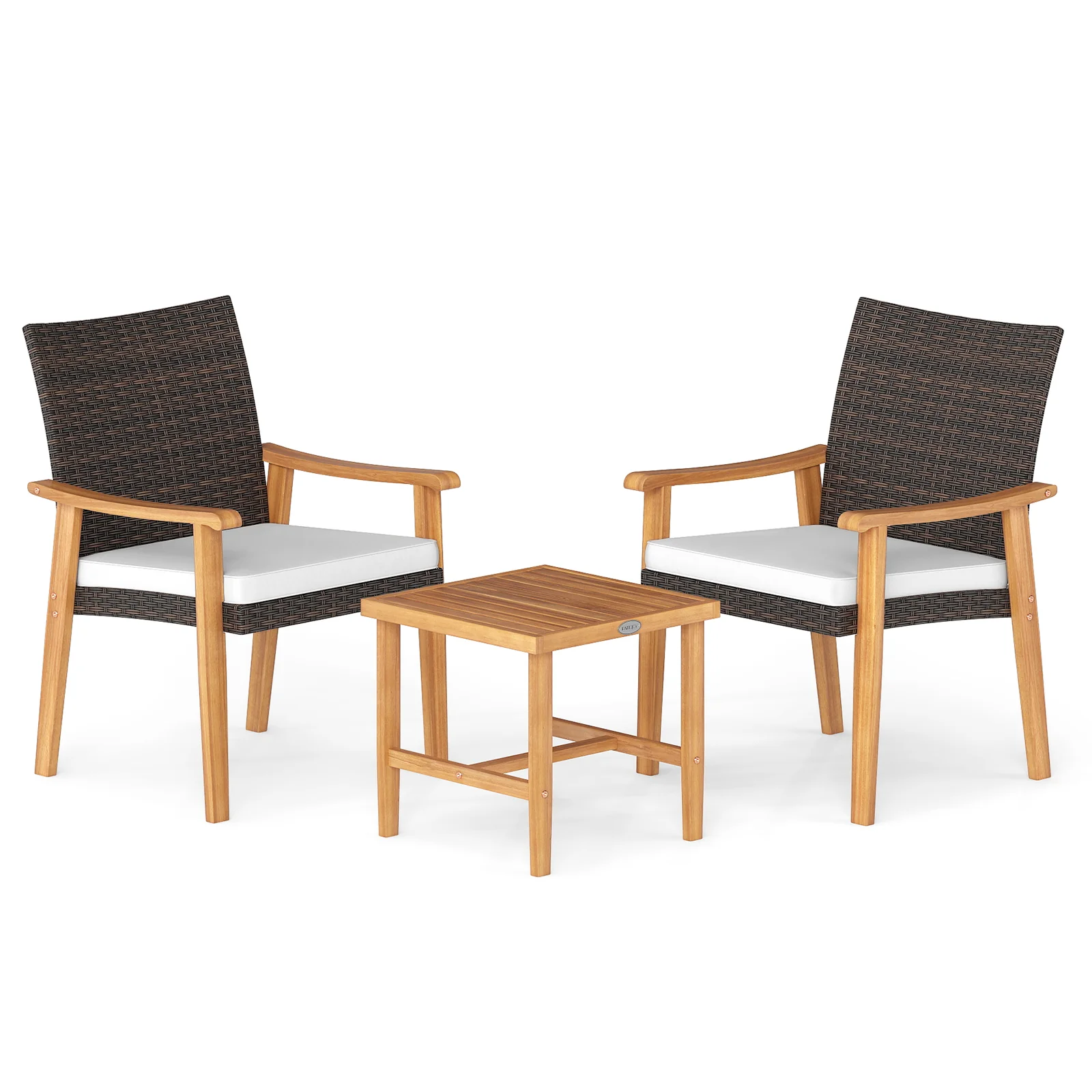 3 Pieces Patio PE Wicker Furniture Set Acacia Wood Outdoor Conversation Bistro Set, White - Image 4