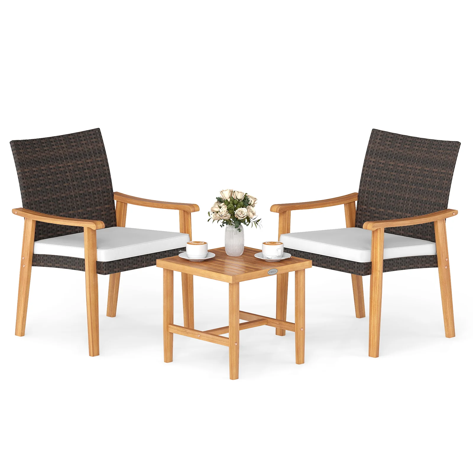 3 Pieces Patio PE Wicker Furniture Set Acacia Wood Outdoor Conversation Bistro Set, White - Image 5