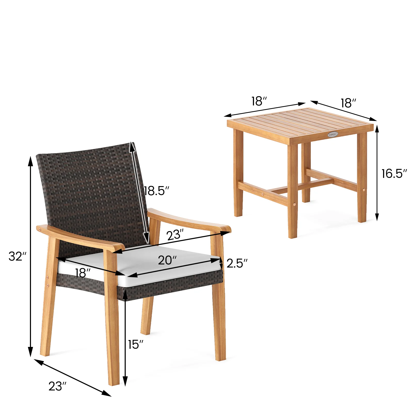 3 Pieces Patio PE Wicker Furniture Set Acacia Wood Outdoor Conversation Bistro Set, White - Image 6