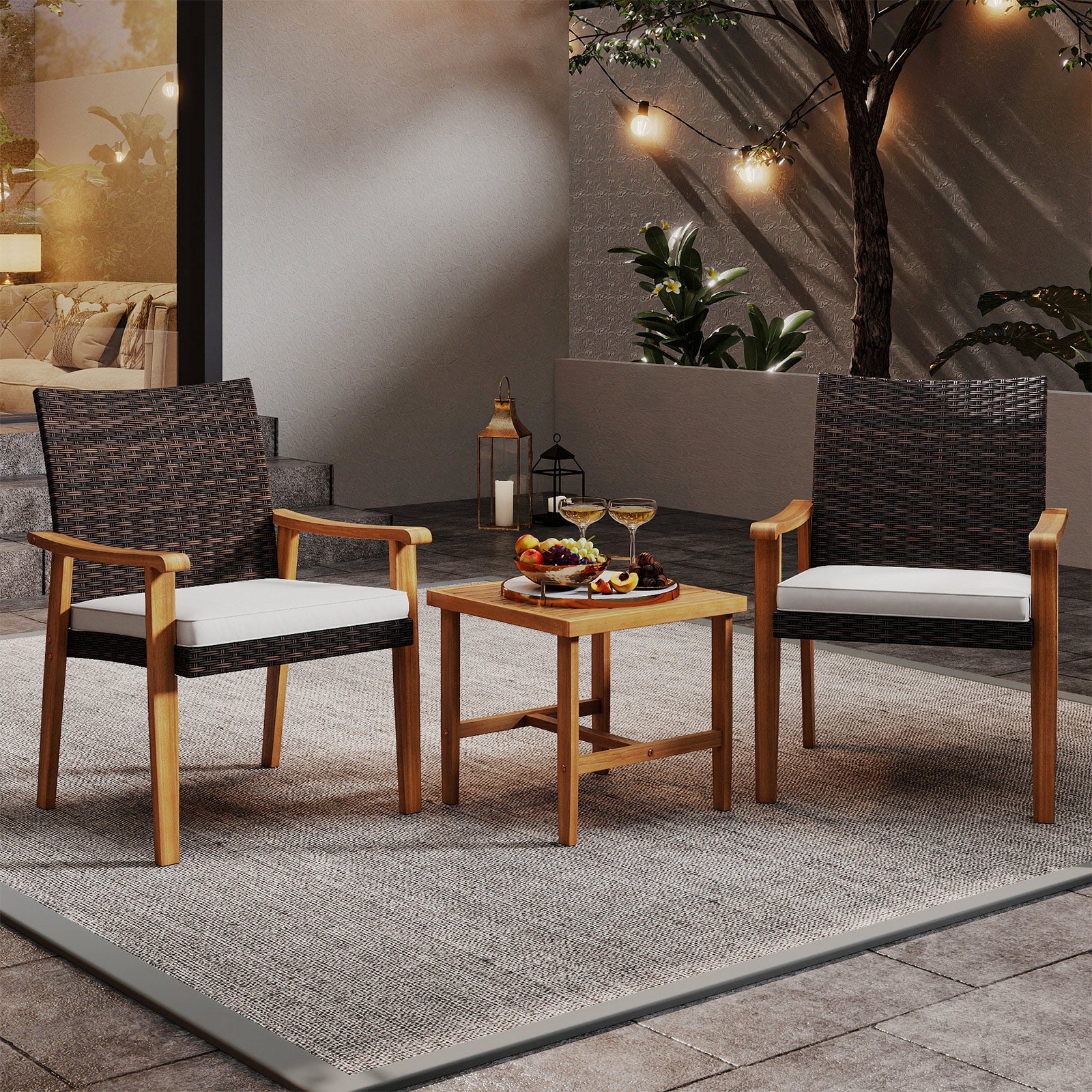 3 Pieces Patio PE Wicker Furniture Set Acacia Wood Outdoor Conversation Bistro Set, White - Image 7
