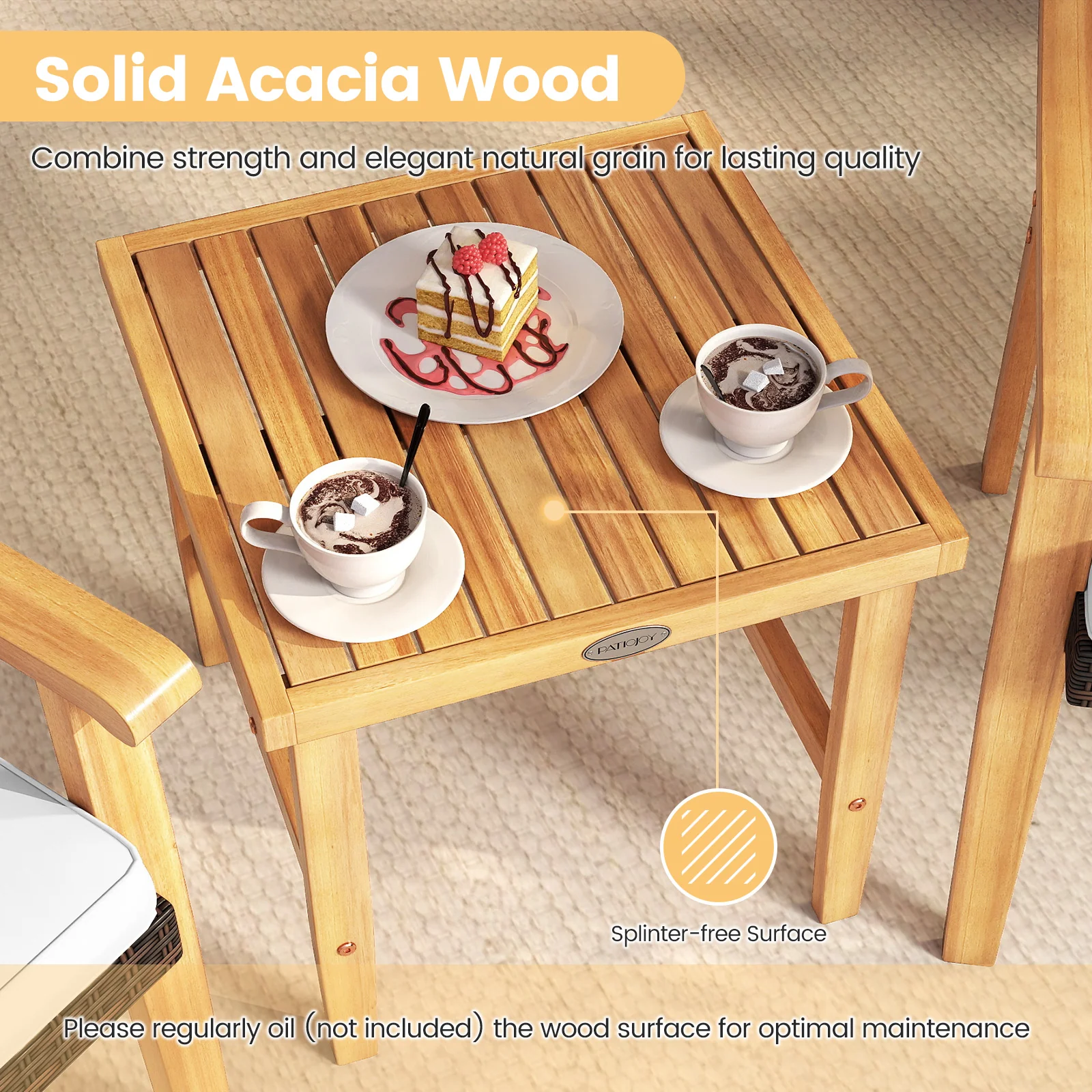 3 Pieces Patio PE Wicker Furniture Set Acacia Wood Outdoor Conversation Bistro Set, White - Image 8