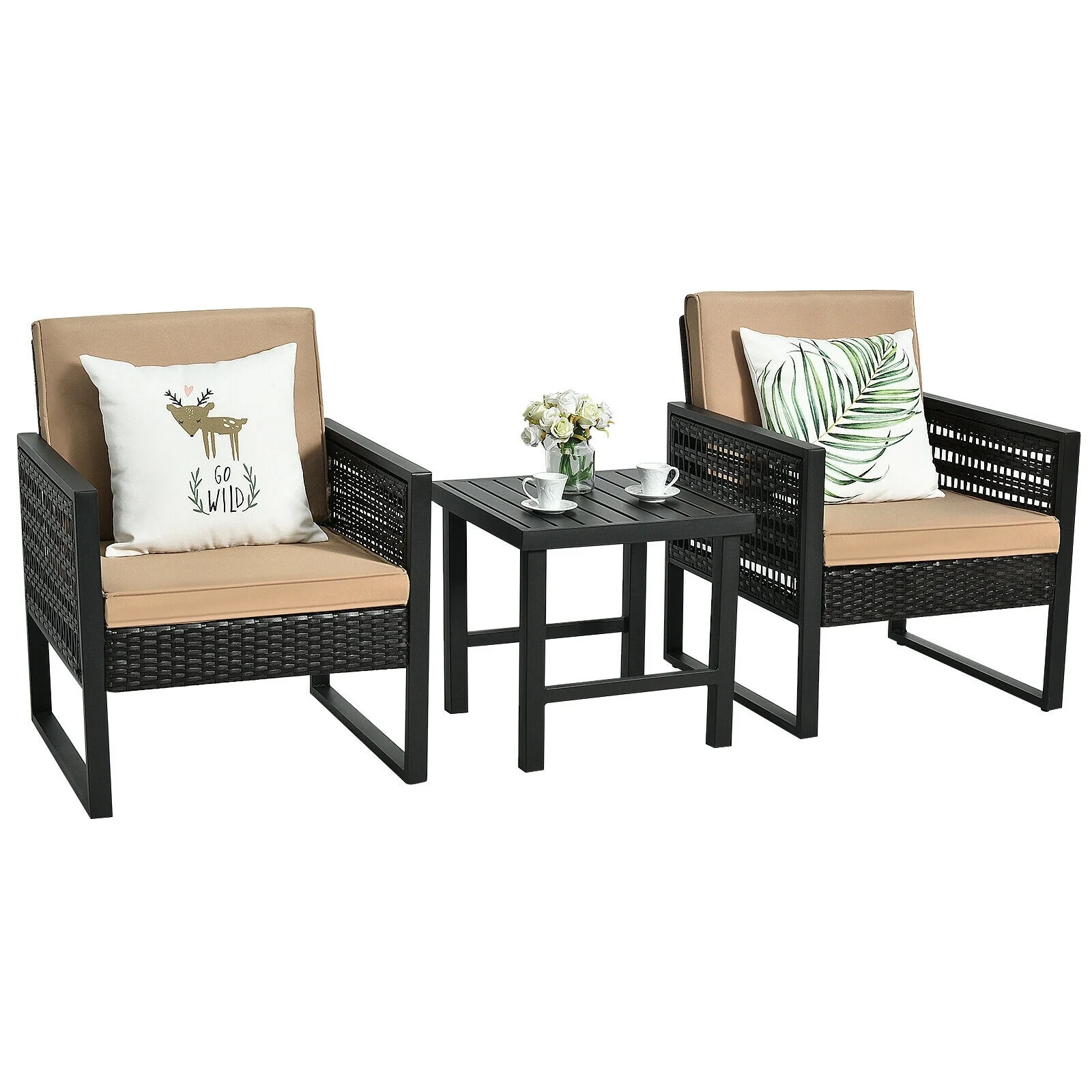 3 Pieces Patio Rattan Bistro Cushioned Furniture Set, Brown - Image 10