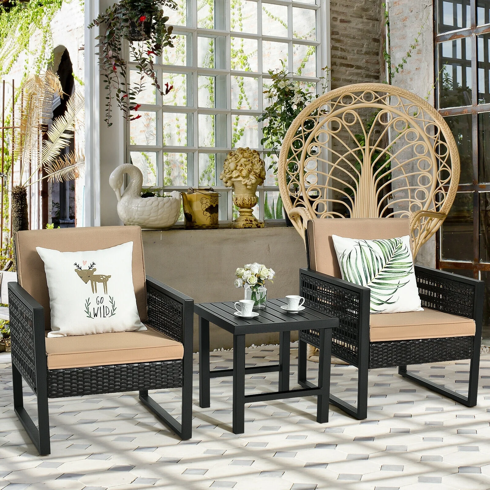 3 Pieces Patio Rattan Bistro Cushioned Furniture Set, Brown - Image 2