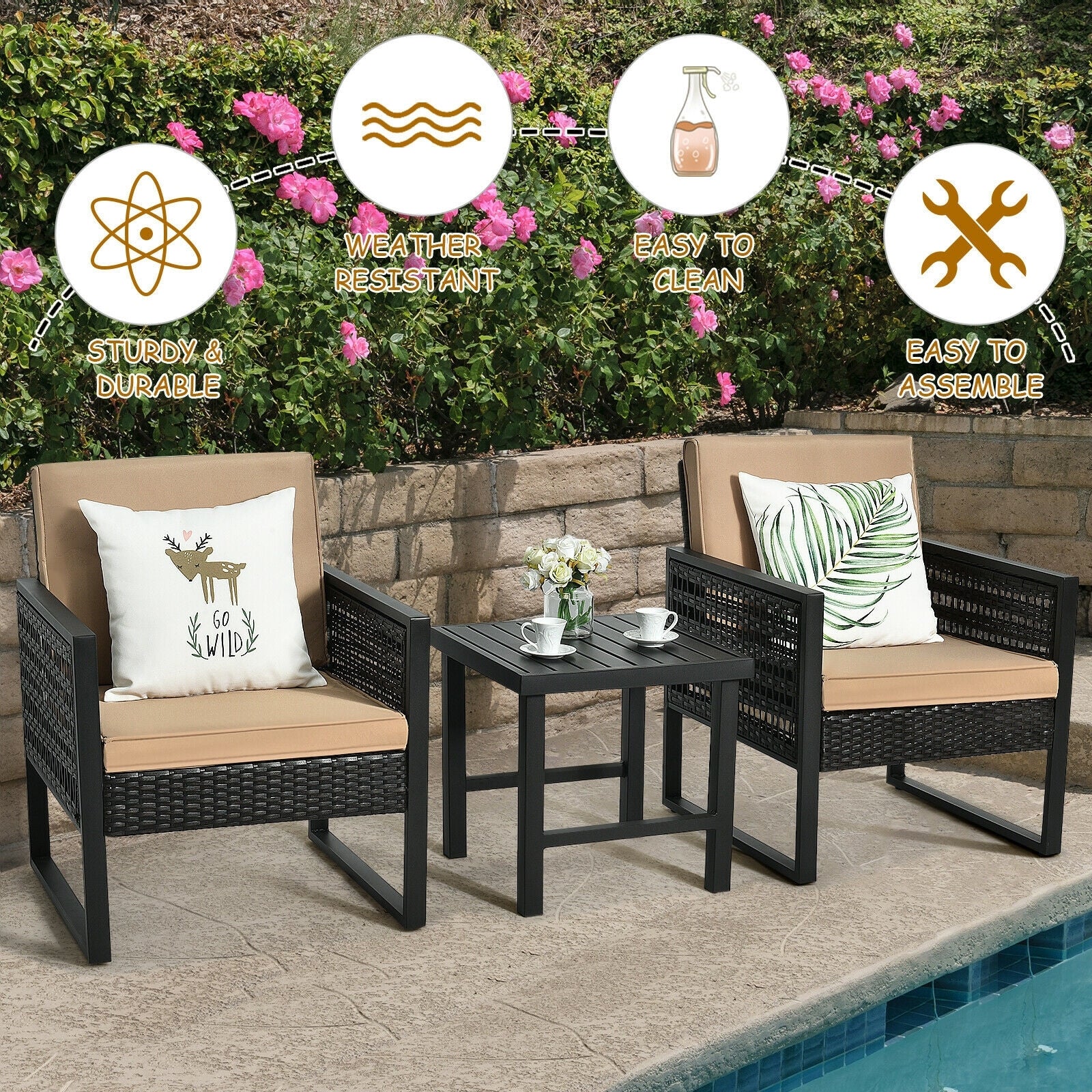 3 Pieces Patio Rattan Bistro Cushioned Furniture Set, Brown - Image 3