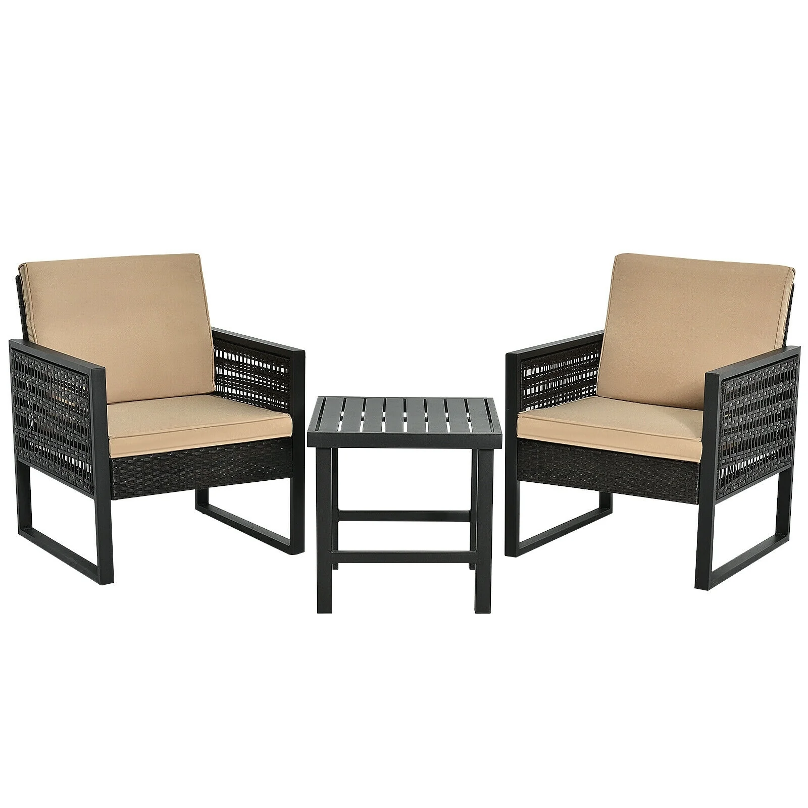3 Pieces Patio Rattan Bistro Cushioned Furniture Set, Brown - Image 4