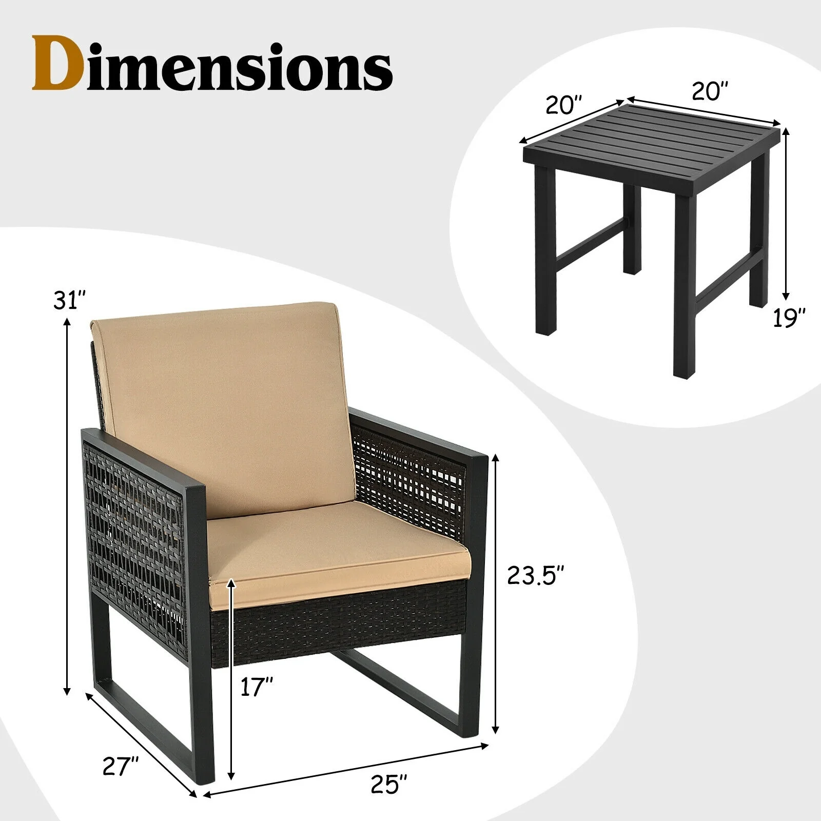 3 Pieces Patio Rattan Bistro Cushioned Furniture Set, Brown - Image 5