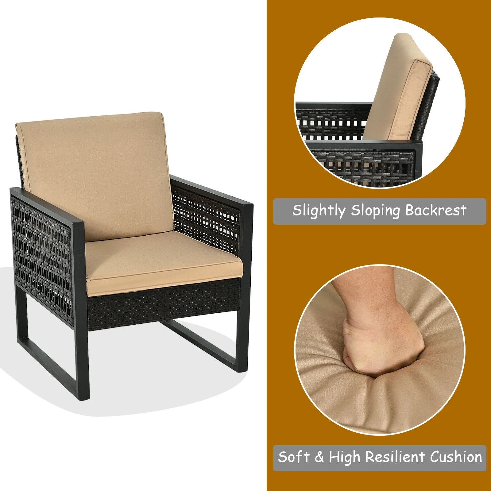 3 Pieces Patio Rattan Bistro Cushioned Furniture Set, Brown - Image 6