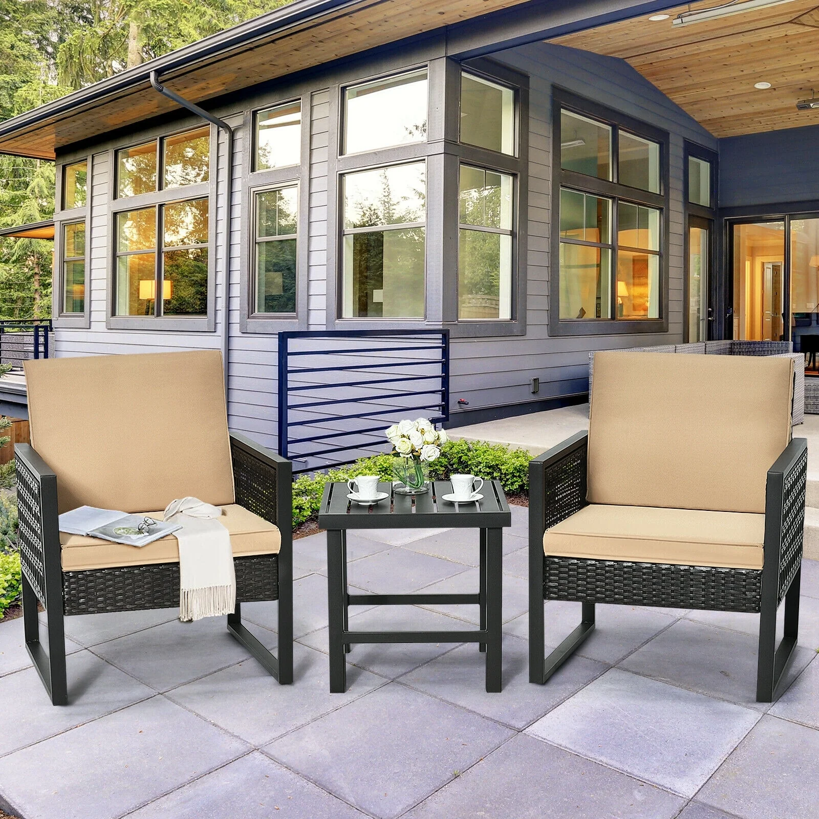 3 Pieces Patio Rattan Bistro Cushioned Furniture Set, Brown - Image 7