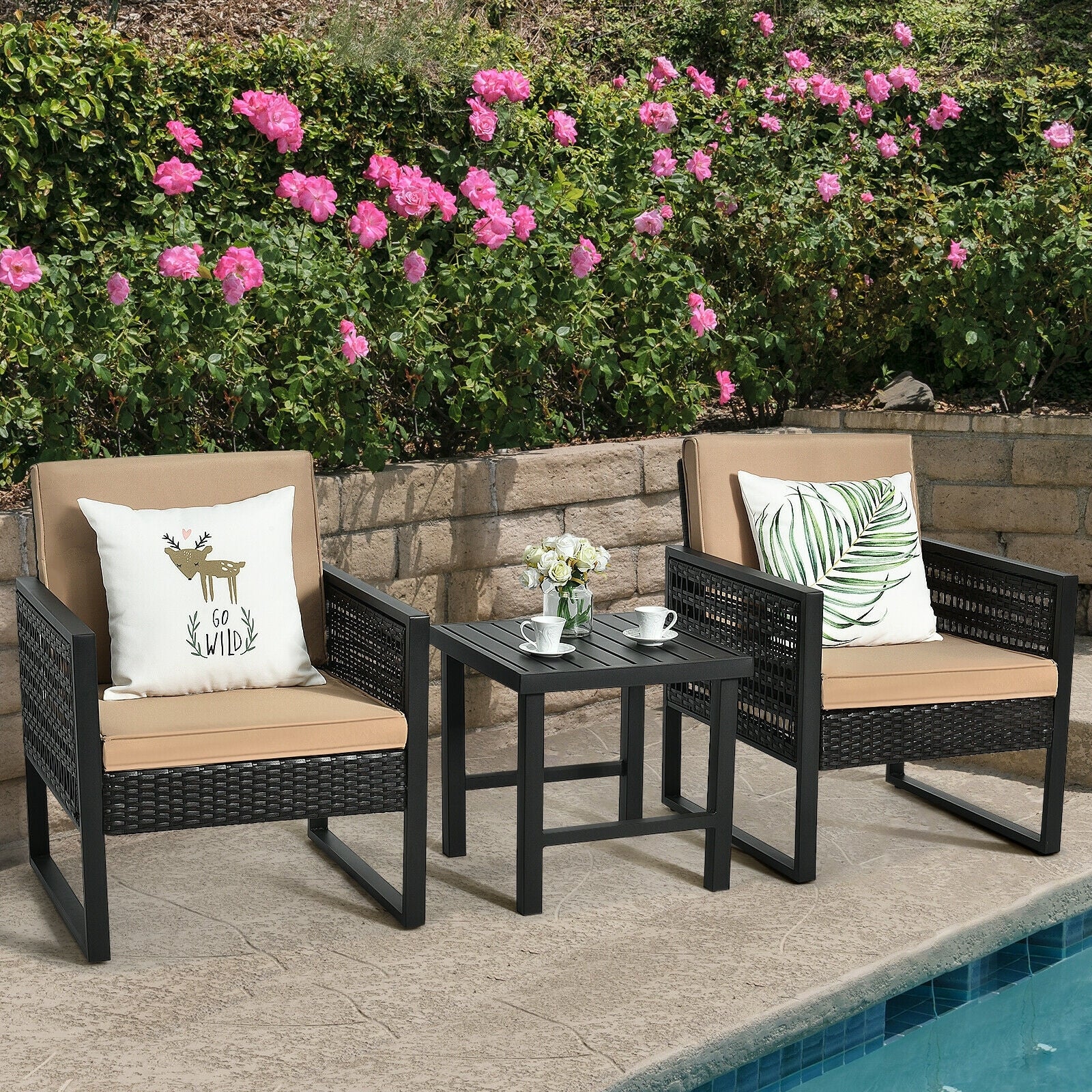 3 Pieces Patio Rattan Bistro Cushioned Furniture Set, Brown - Image 8