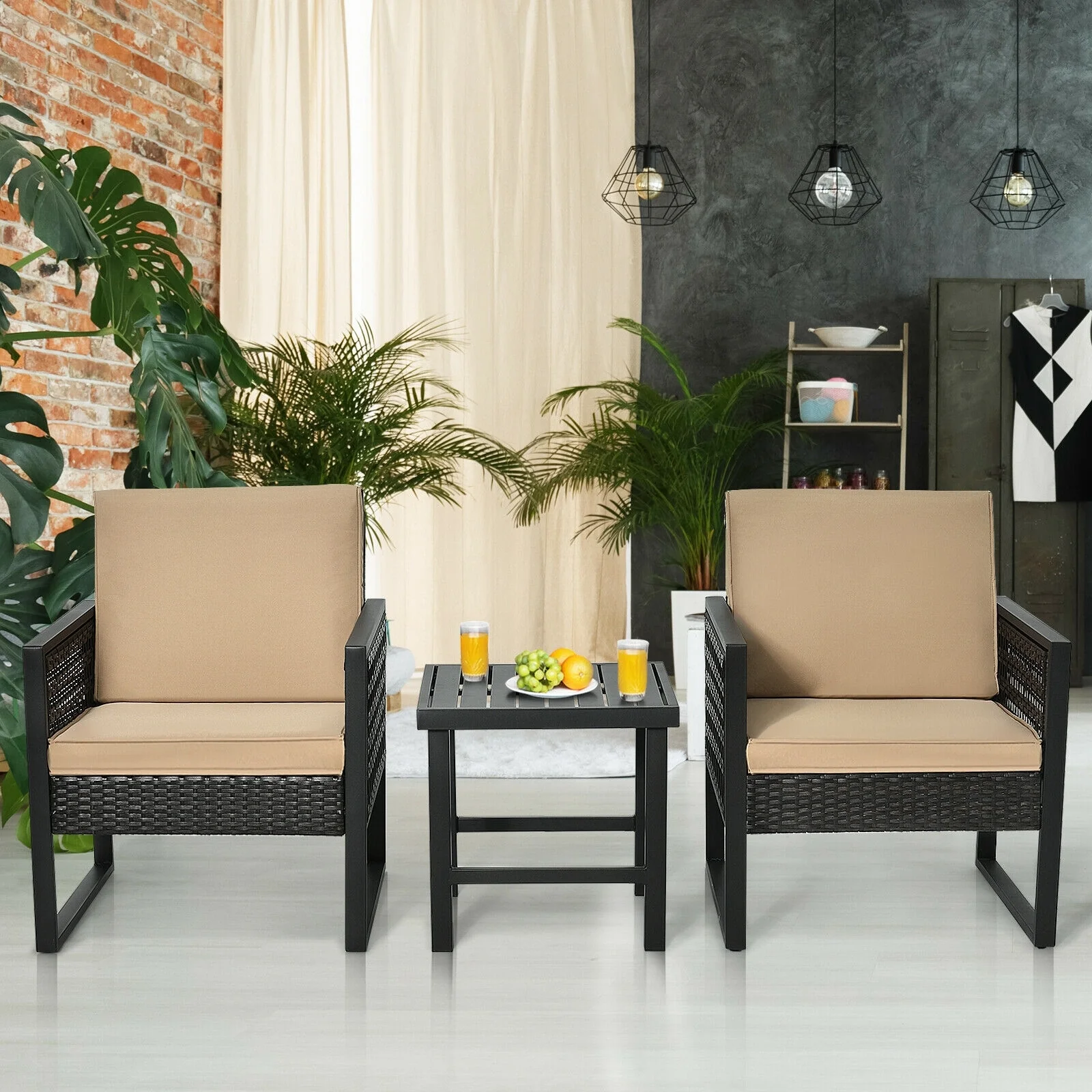 3 Pieces Patio Rattan Bistro Cushioned Furniture Set, Brown - Image 9