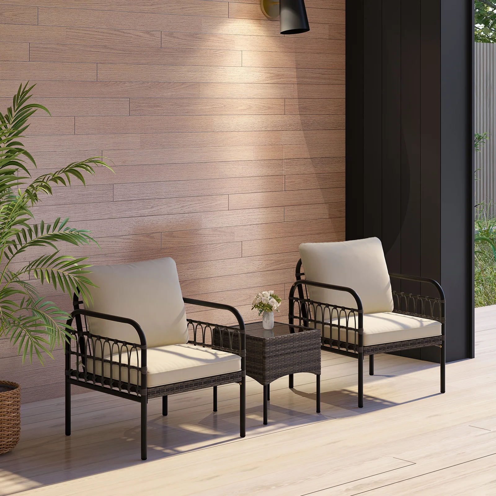 3 Pieces Patio Wicker Conversation Set with Cushions and Tempered Glass Coffee Table, Beige - Image 2