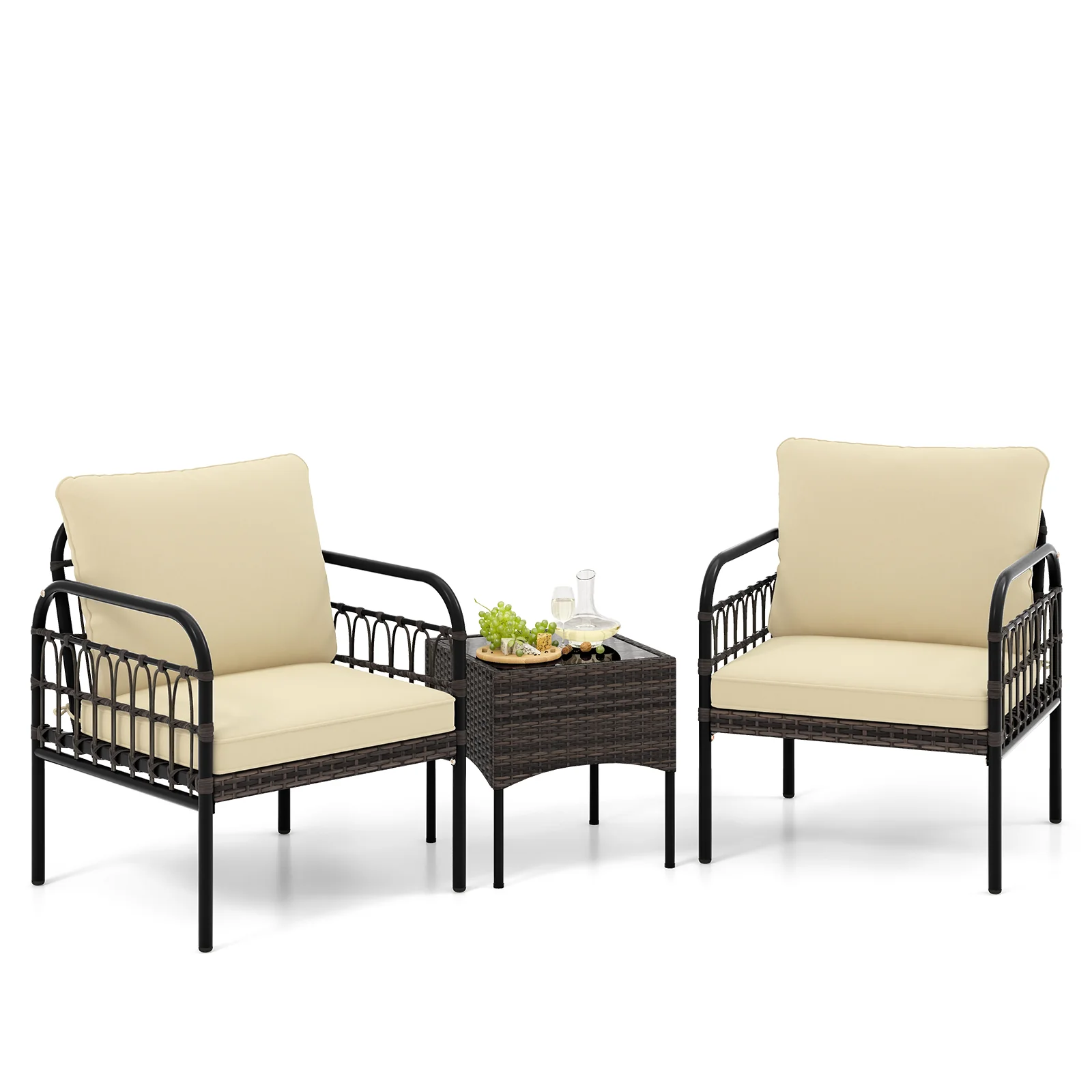 3 Pieces Patio Wicker Conversation Set with Cushions and Tempered Glass Coffee Table, Beige - Image 5
