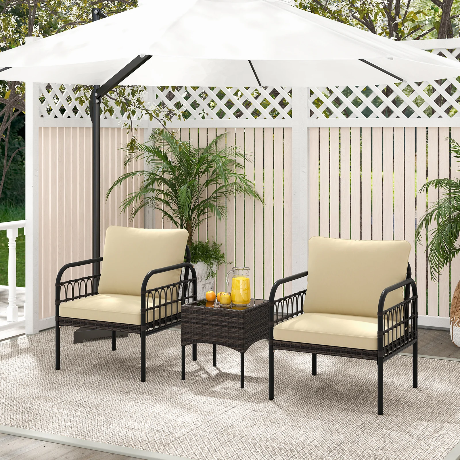 3 Pieces Patio Wicker Conversation Set with Cushions and Tempered Glass Coffee Table, Beige - Image 7