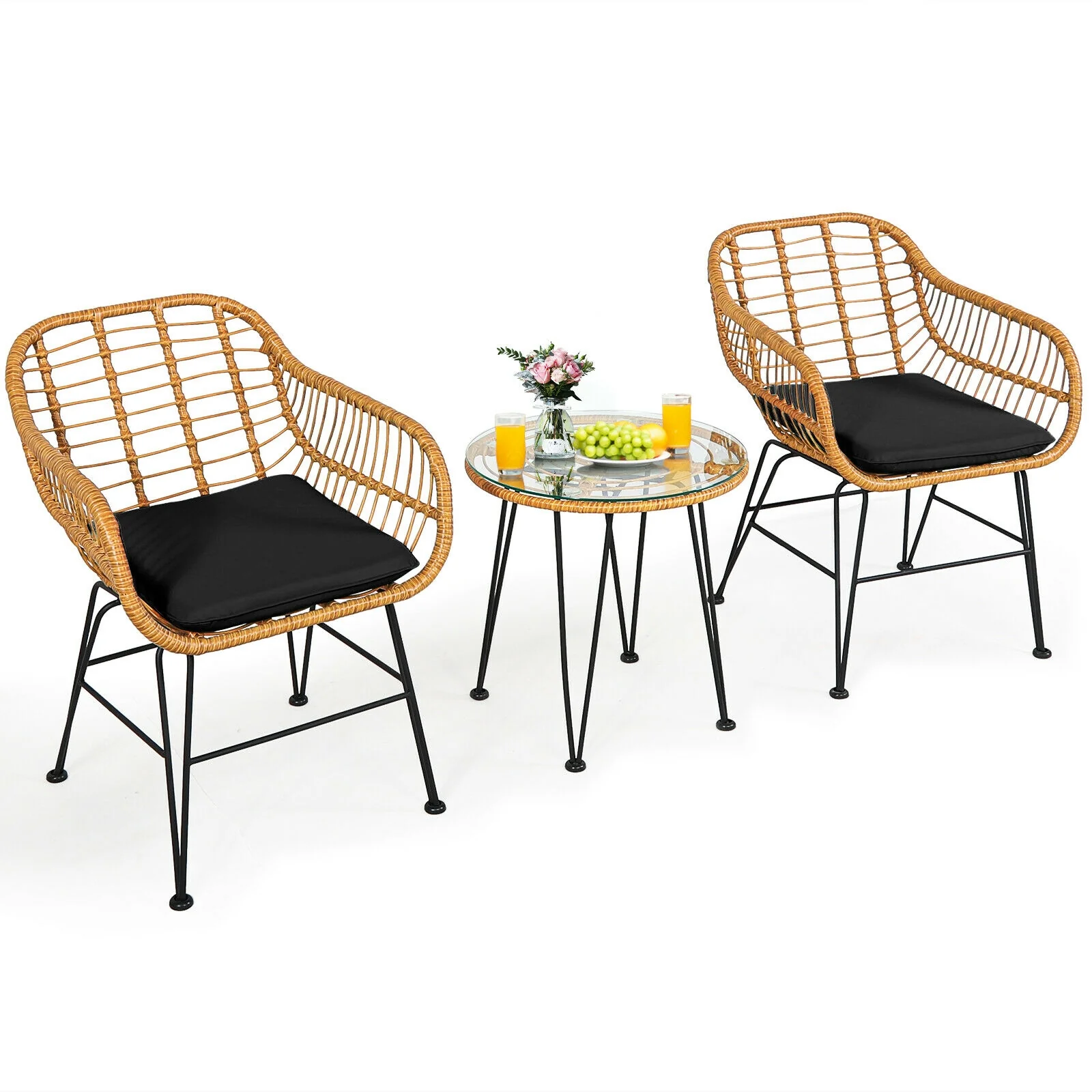 3 Pieces Rattan Furniture Set with Cushioned Chair Table, Black - Image 10