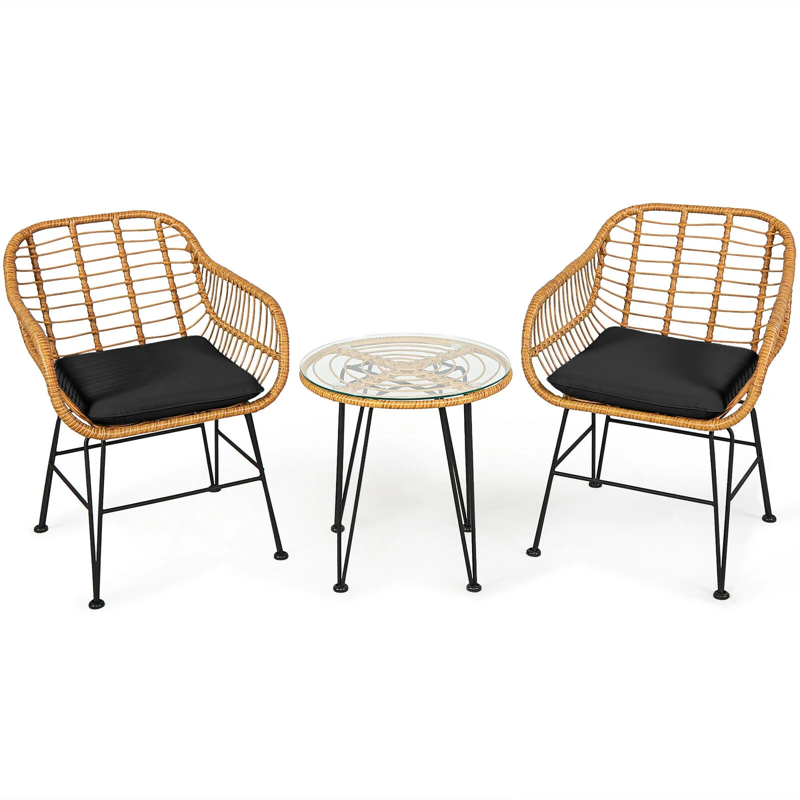 3 Pieces Rattan Furniture Set with Cushioned Chair Table, Black - Image 2