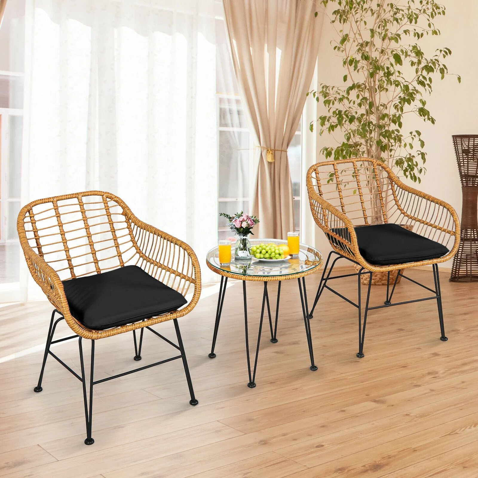 3 Pieces Rattan Furniture Set with Cushioned Chair Table, Black - Image 3