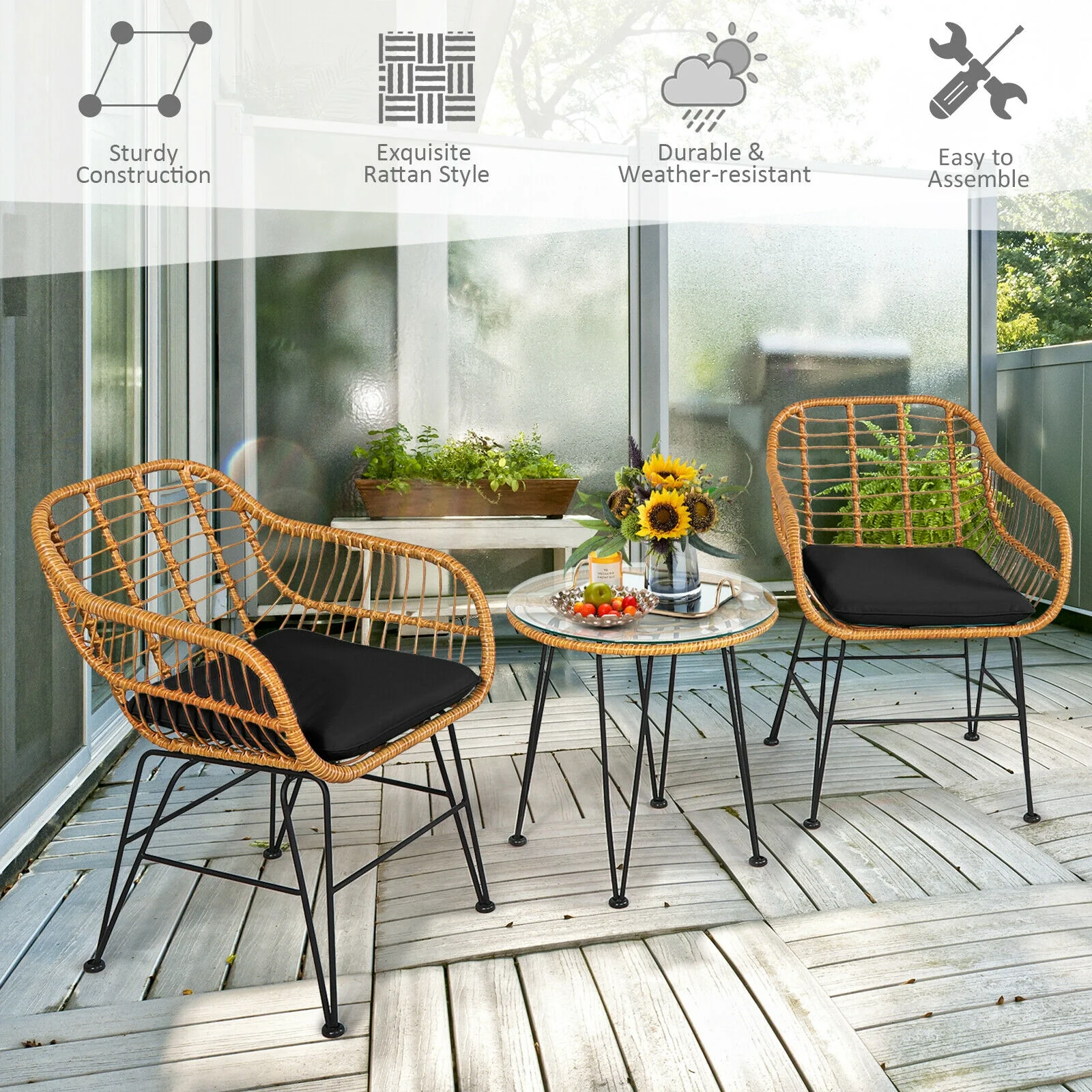 3 Pieces Rattan Furniture Set with Cushioned Chair Table, Black - Image 4