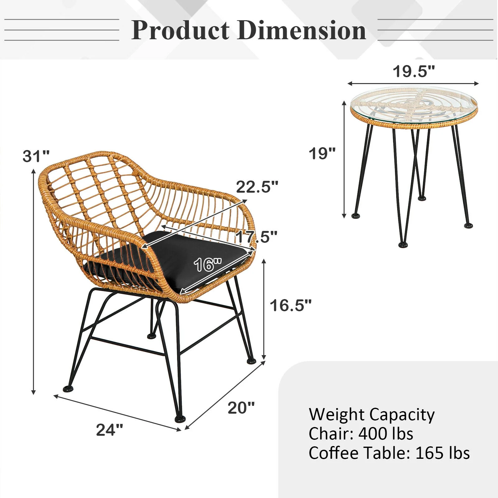 3 Pieces Rattan Furniture Set with Cushioned Chair Table, Black - Image 5