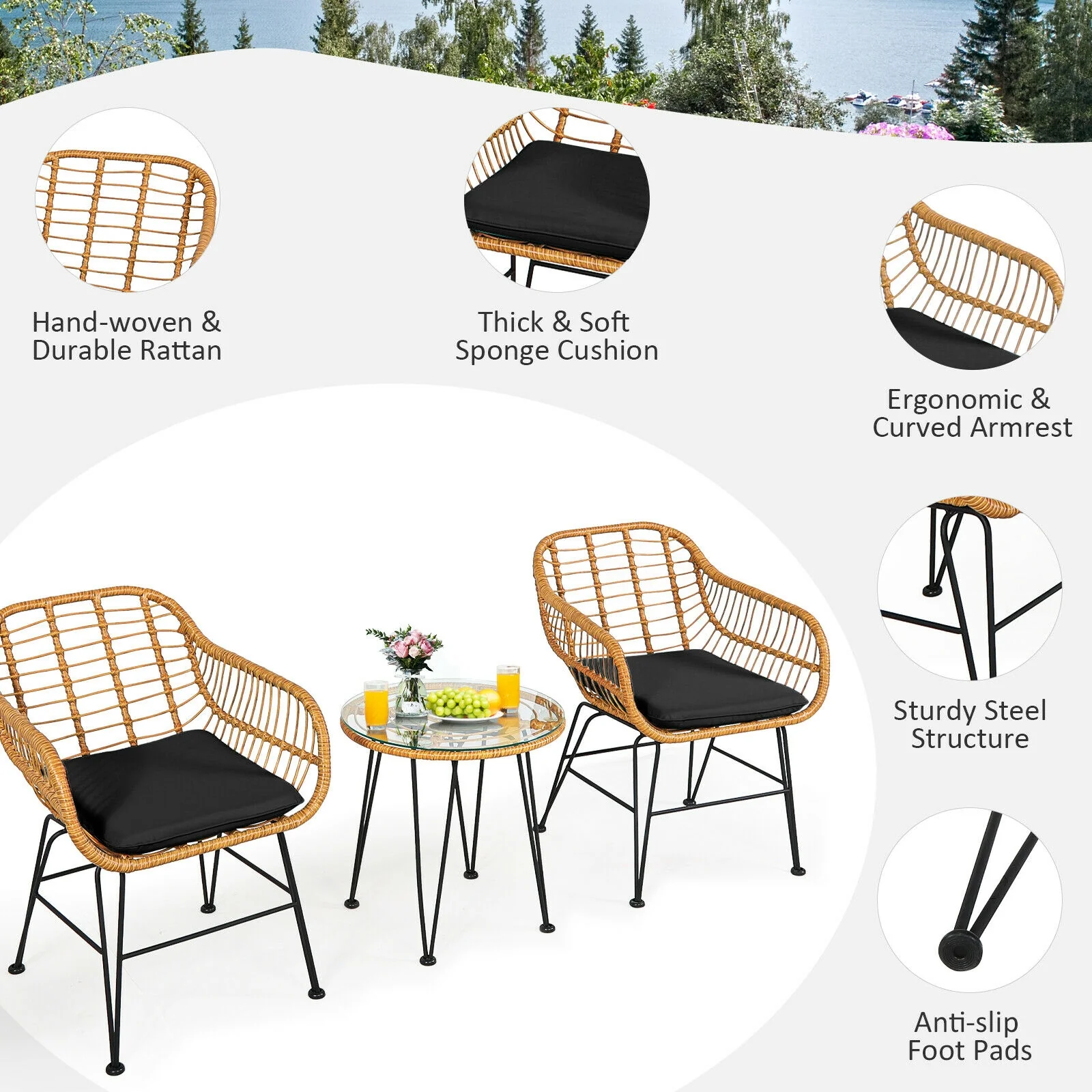 3 Pieces Rattan Furniture Set with Cushioned Chair Table, Black - Image 6