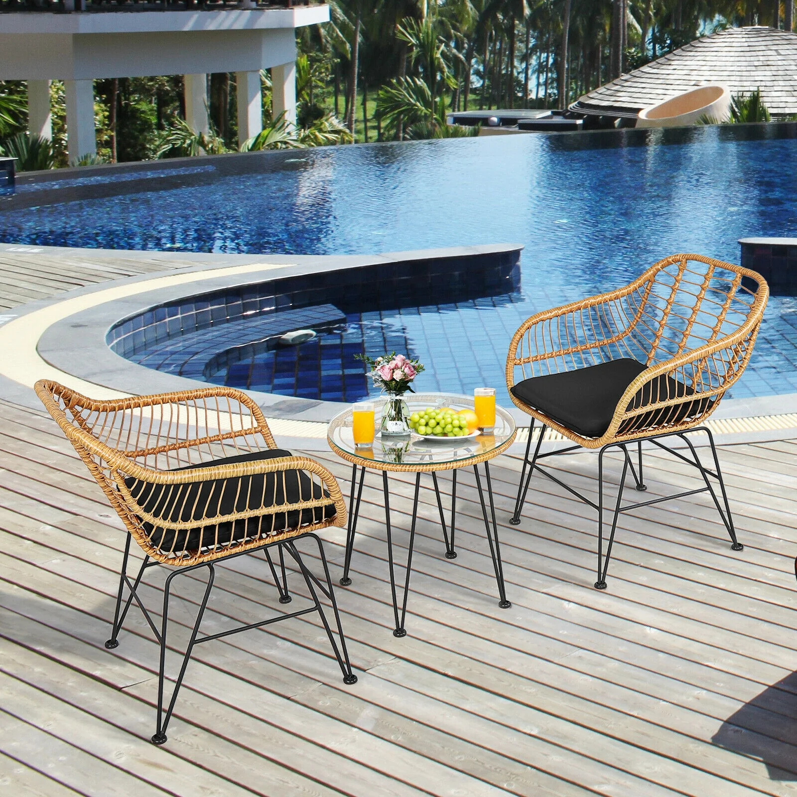 3 Pieces Rattan Furniture Set with Cushioned Chair Table, Black - Image 7