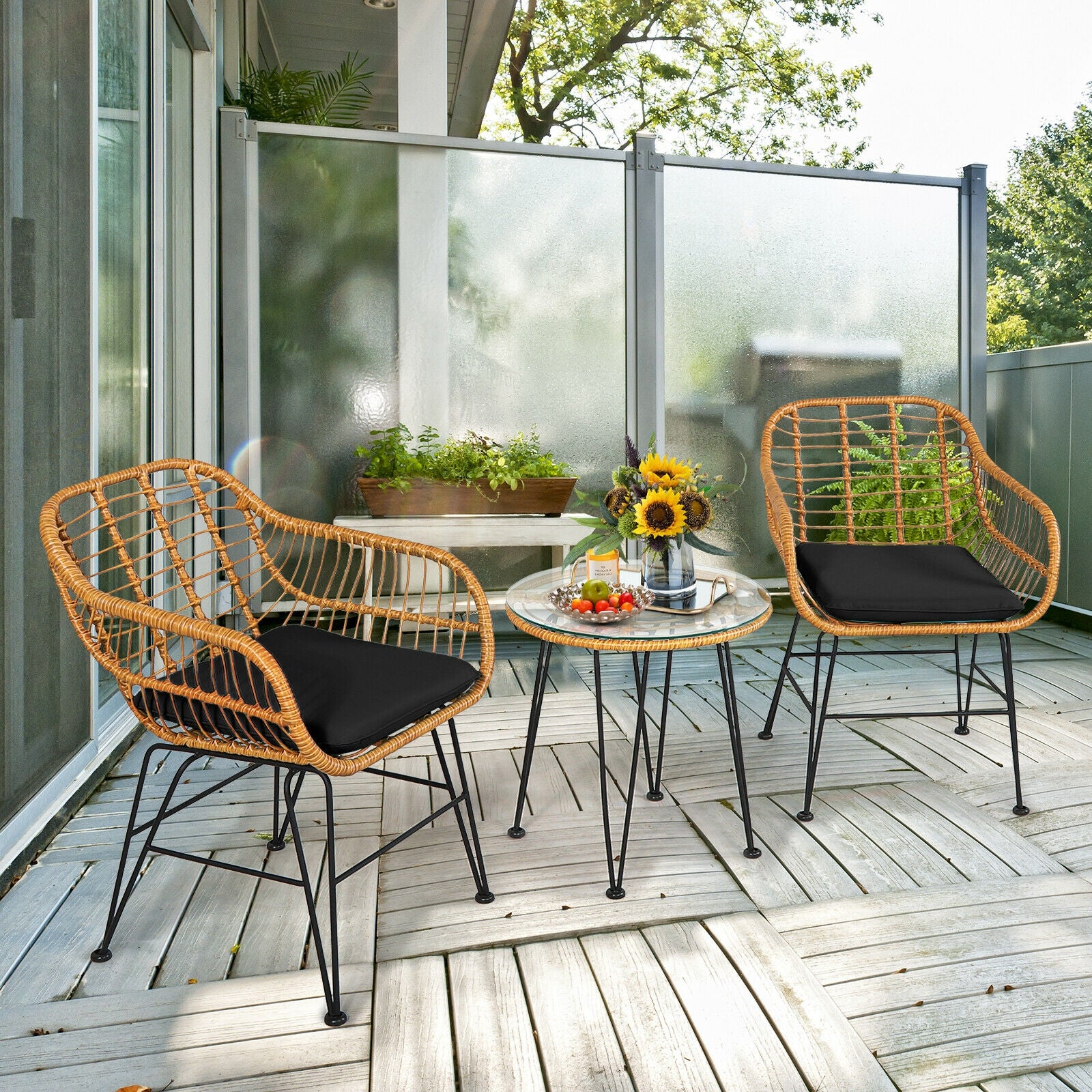 3 Pieces Rattan Furniture Set with Cushioned Chair Table, Black - Image 8