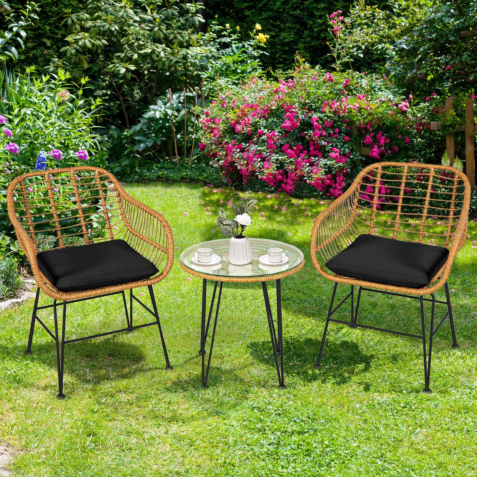 3 Pieces Rattan Furniture Set with Cushioned Chair Table, Black - Image 9