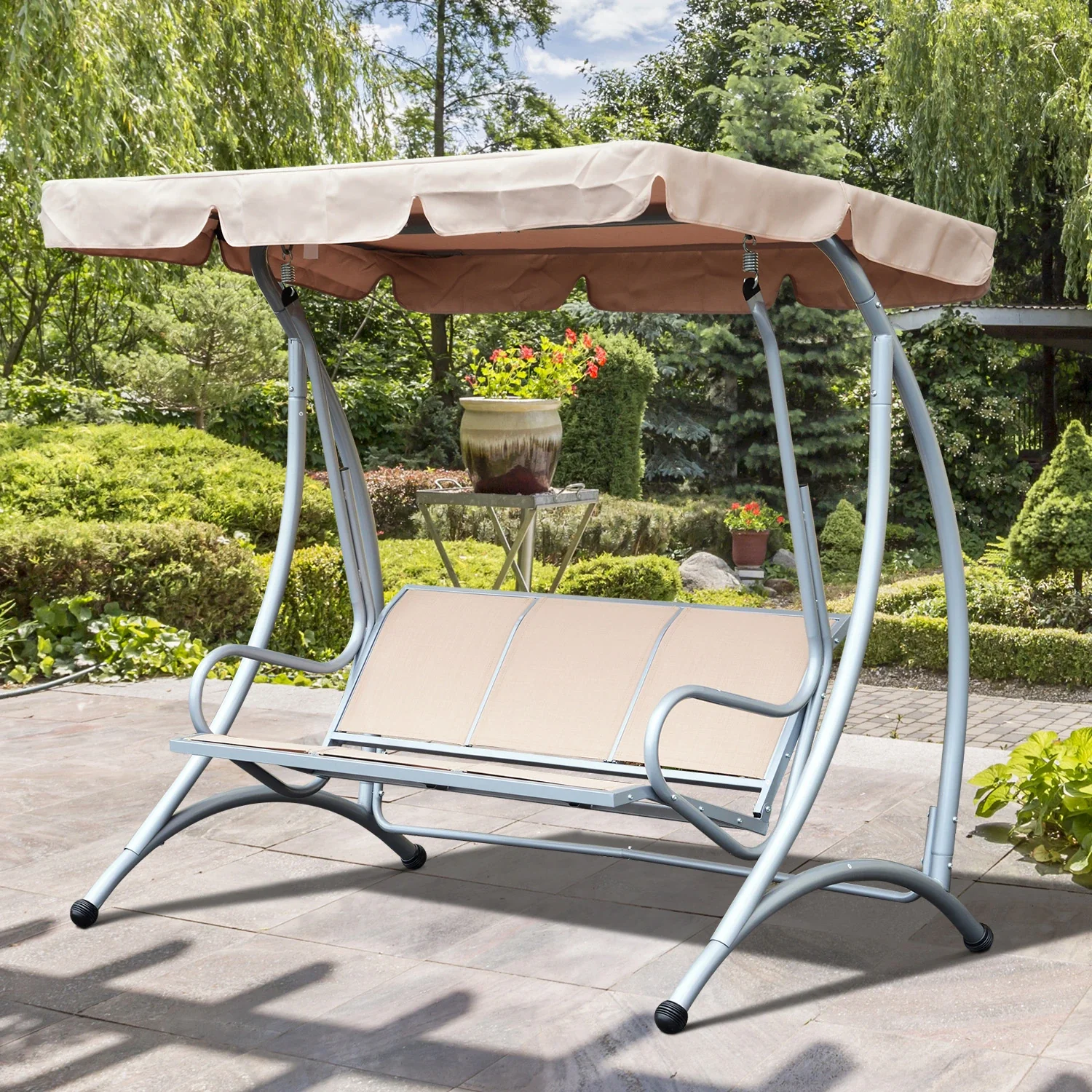 3 Seat Metal Swing Chair Hammock, Canopy Cover, Heavy Duty, Patio Garden Outdoor, Beige - Image 2