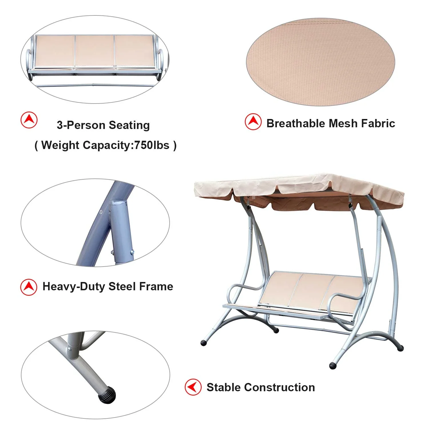 3 Seat Metal Swing Chair Hammock, Canopy Cover, Heavy Duty, Patio Garden Outdoor, Beige - Image 4