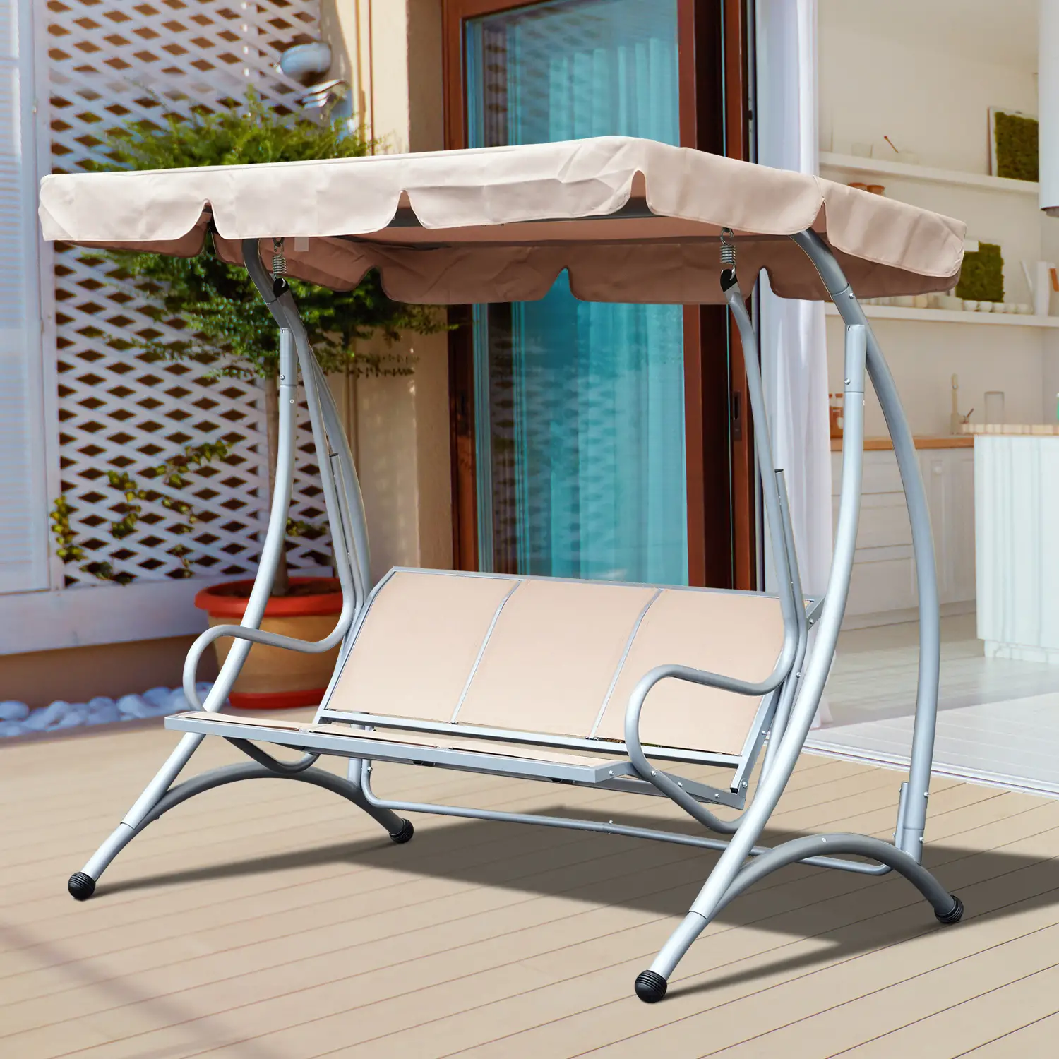 3 Seat Metal Swing Chair Hammock, Canopy Cover, Heavy Duty, Patio Garden Outdoor, Beige - Image 8