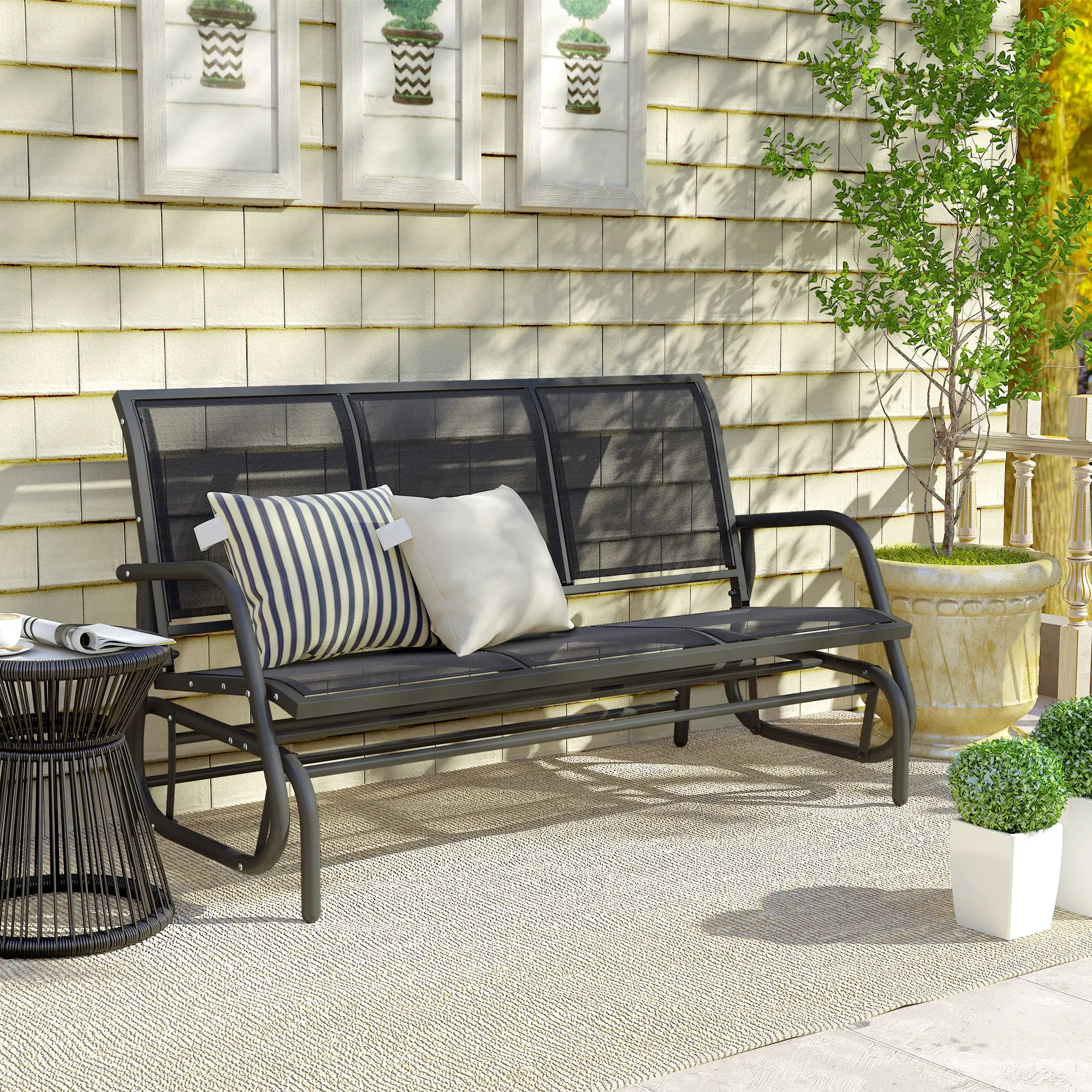 3-Seat Outdoor Glider Chair, Steel Frame, Sling Fabric, Black - Image 10