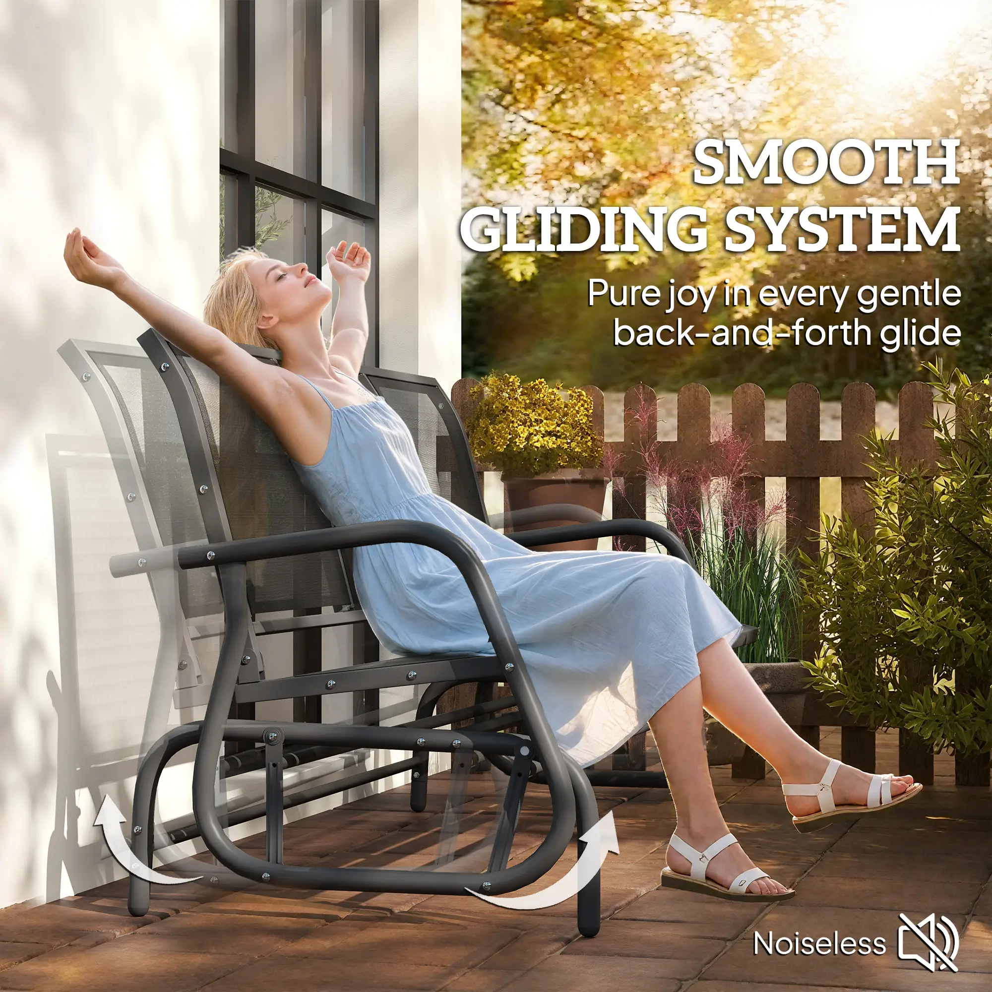 3-Seat Outdoor Glider Chair, Steel Frame, Sling Fabric, Black - Image 4