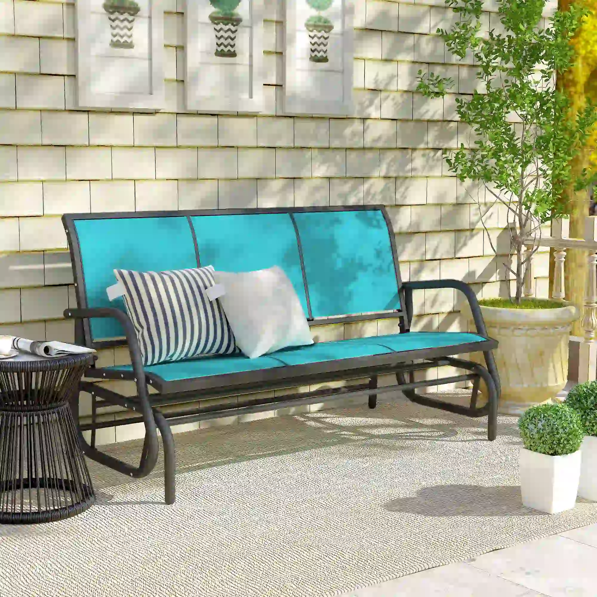 3-Seat Outdoor Glider Chair, Steel Frame, Sling Fabric, Blue - Image 10