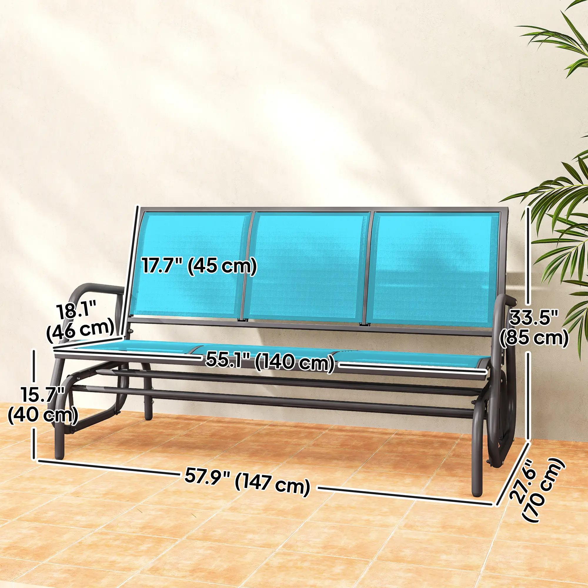 3-Seat Outdoor Glider Chair, Steel Frame, Sling Fabric, Blue - Image 3