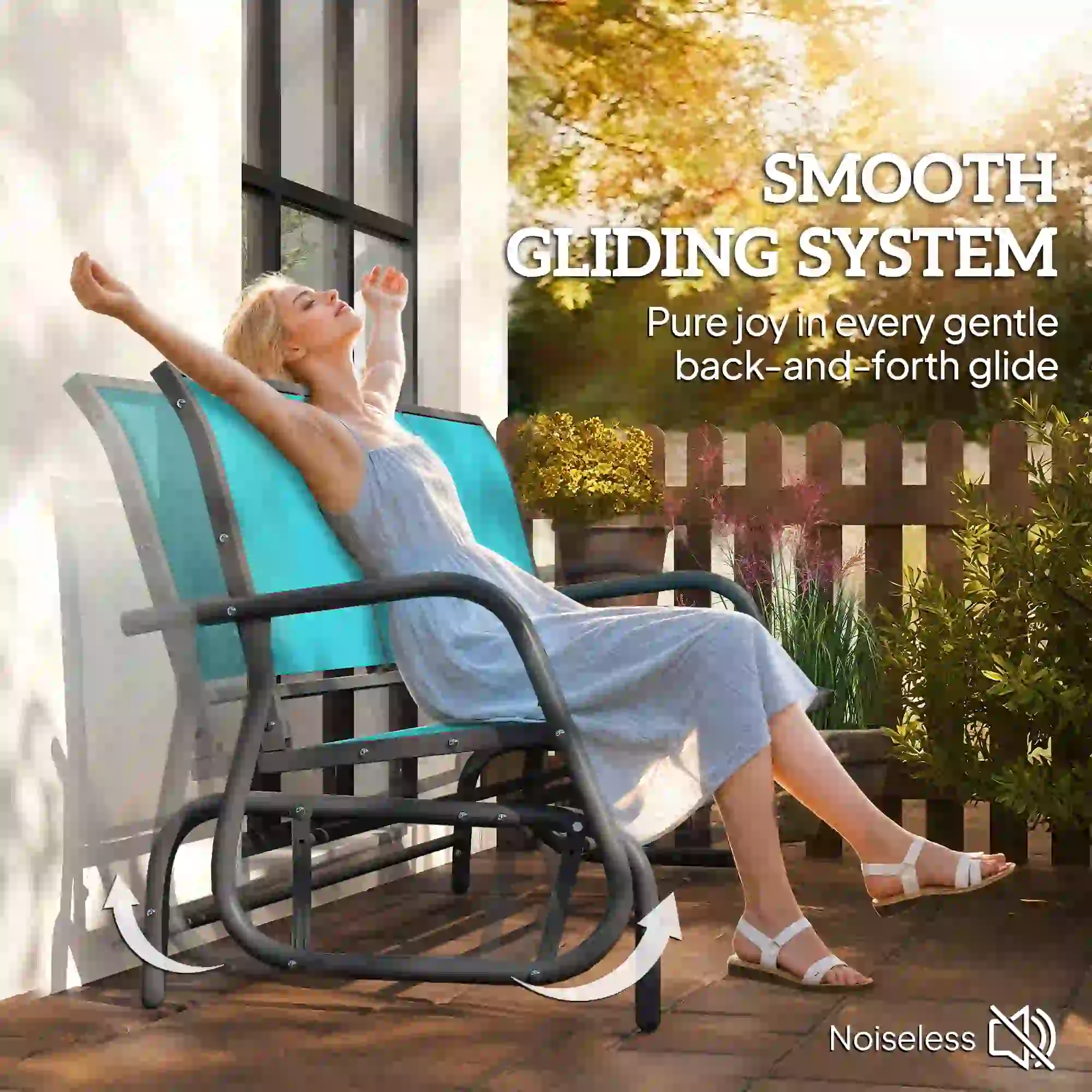 3-Seat Outdoor Glider Chair, Steel Frame, Sling Fabric, Blue - Image 4
