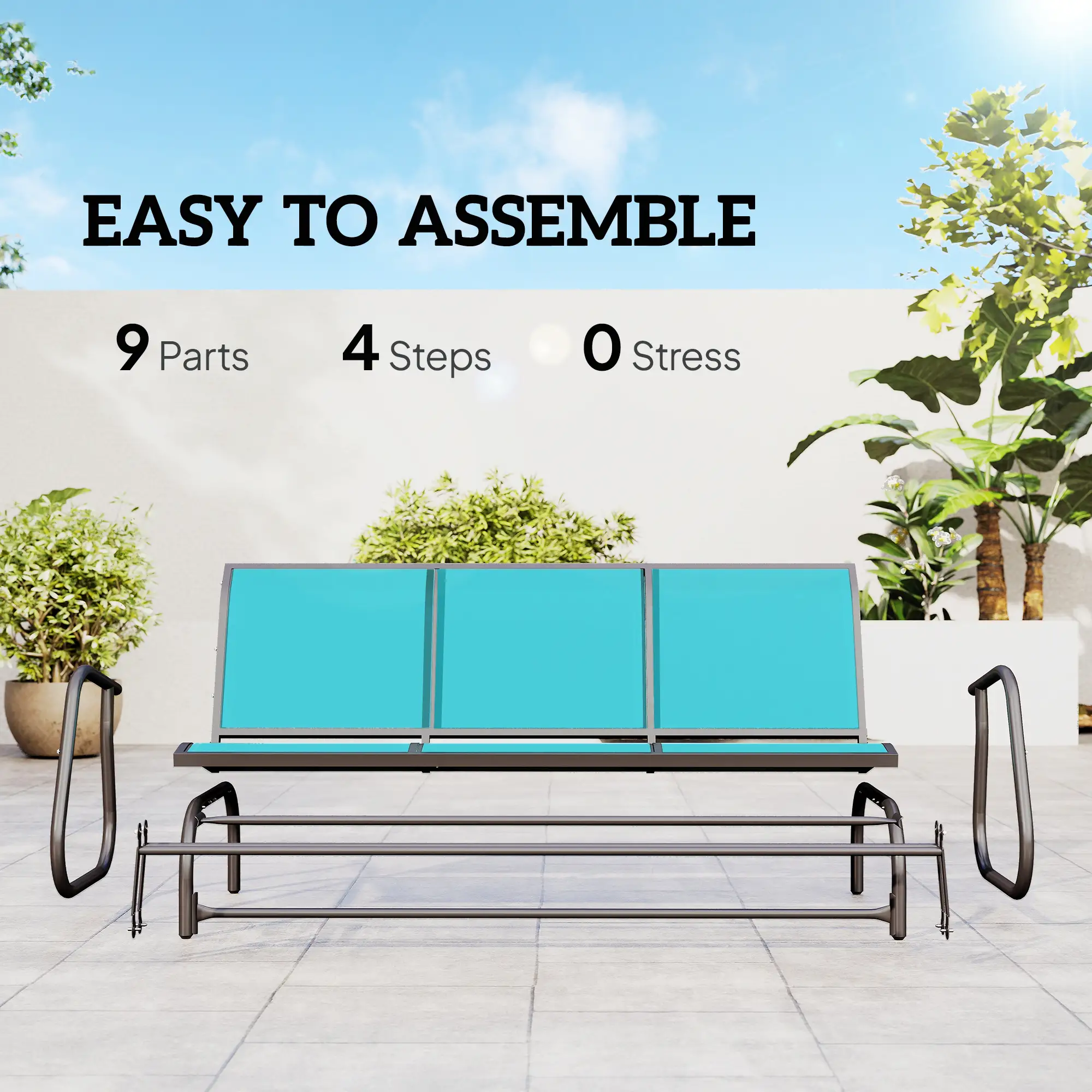 3-Seat Outdoor Glider Chair, Steel Frame, Sling Fabric, Blue - Image 5