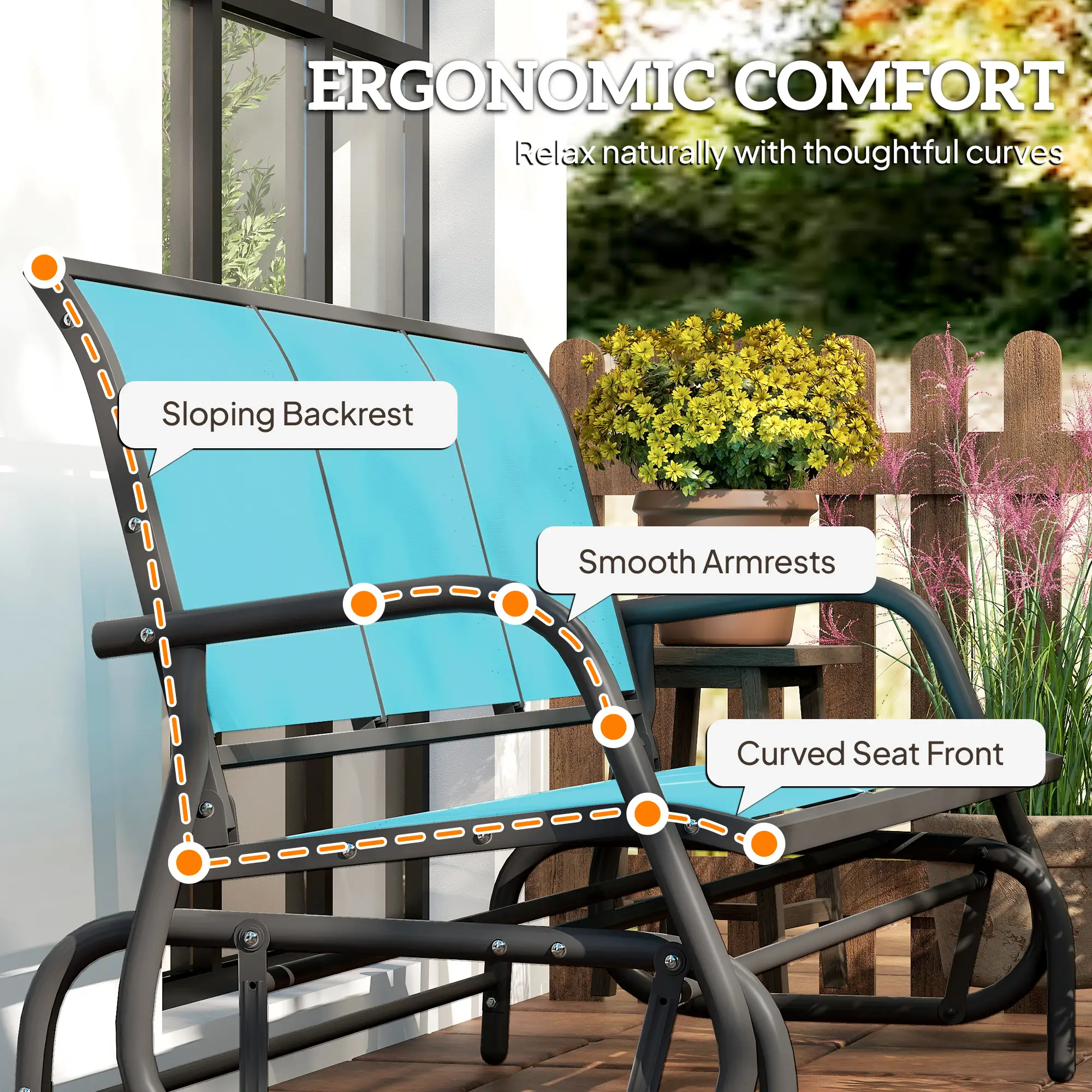 3-Seat Outdoor Glider Chair, Steel Frame, Sling Fabric, Blue - Image 9