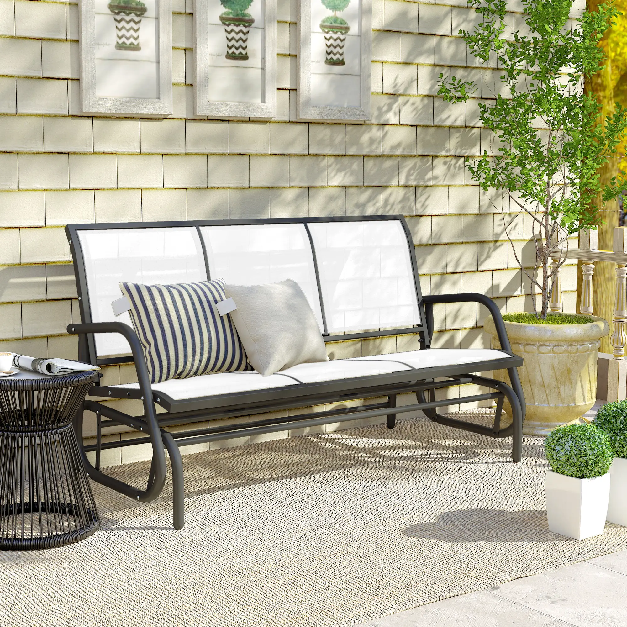 3-Seat Outdoor Glider Chair, Steel Frame, Sling Fabric, Cream - Image 10