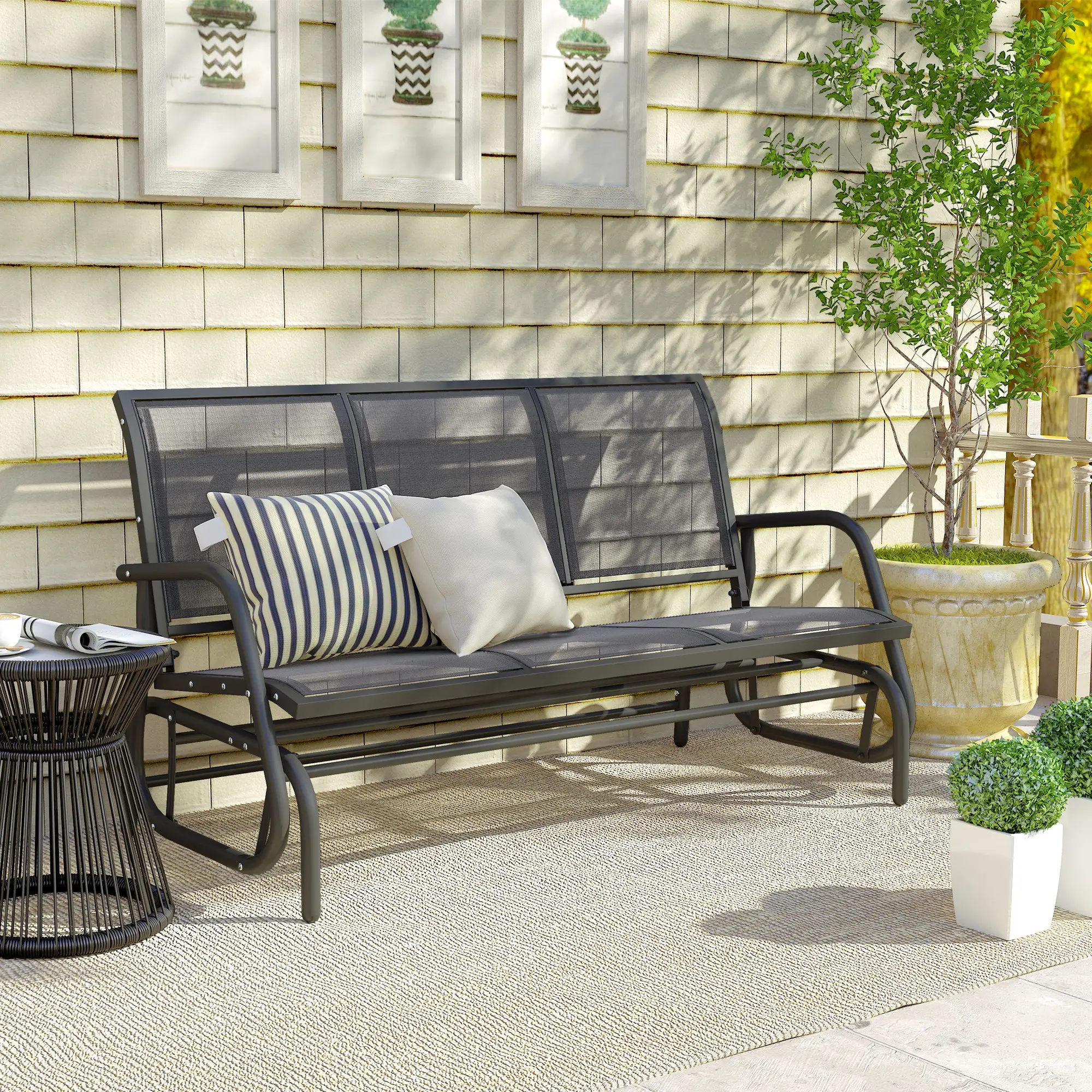 3-Seat Outdoor Glider Chair, Steel Frame, Sling Fabric Seat, Grey - Image 10