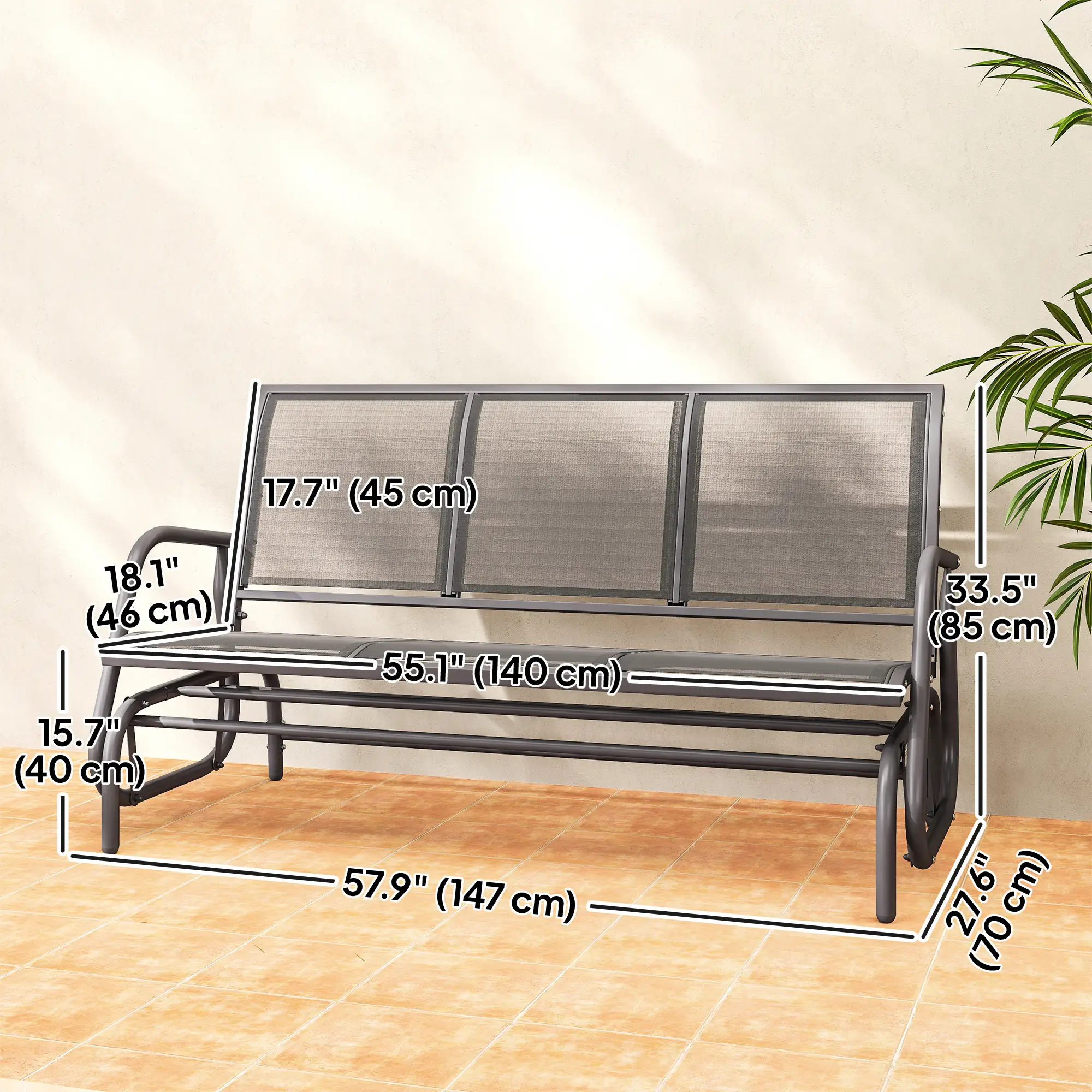 3-Seat Outdoor Glider Chair, Steel Frame, Sling Fabric Seat, Grey - Image 3