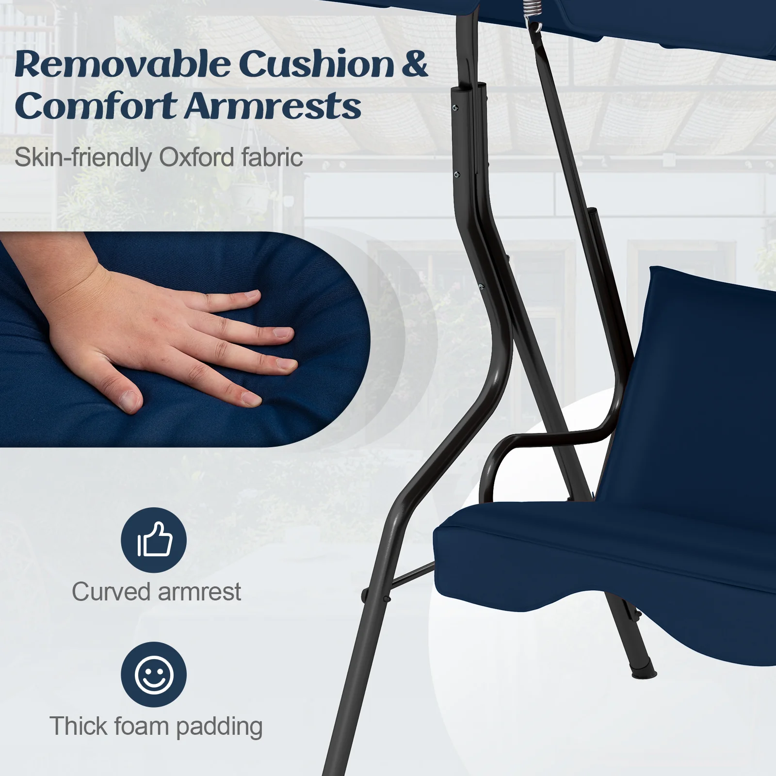 3-Seat Outdoor Patio Canopy Swing, Navy - Image 10
