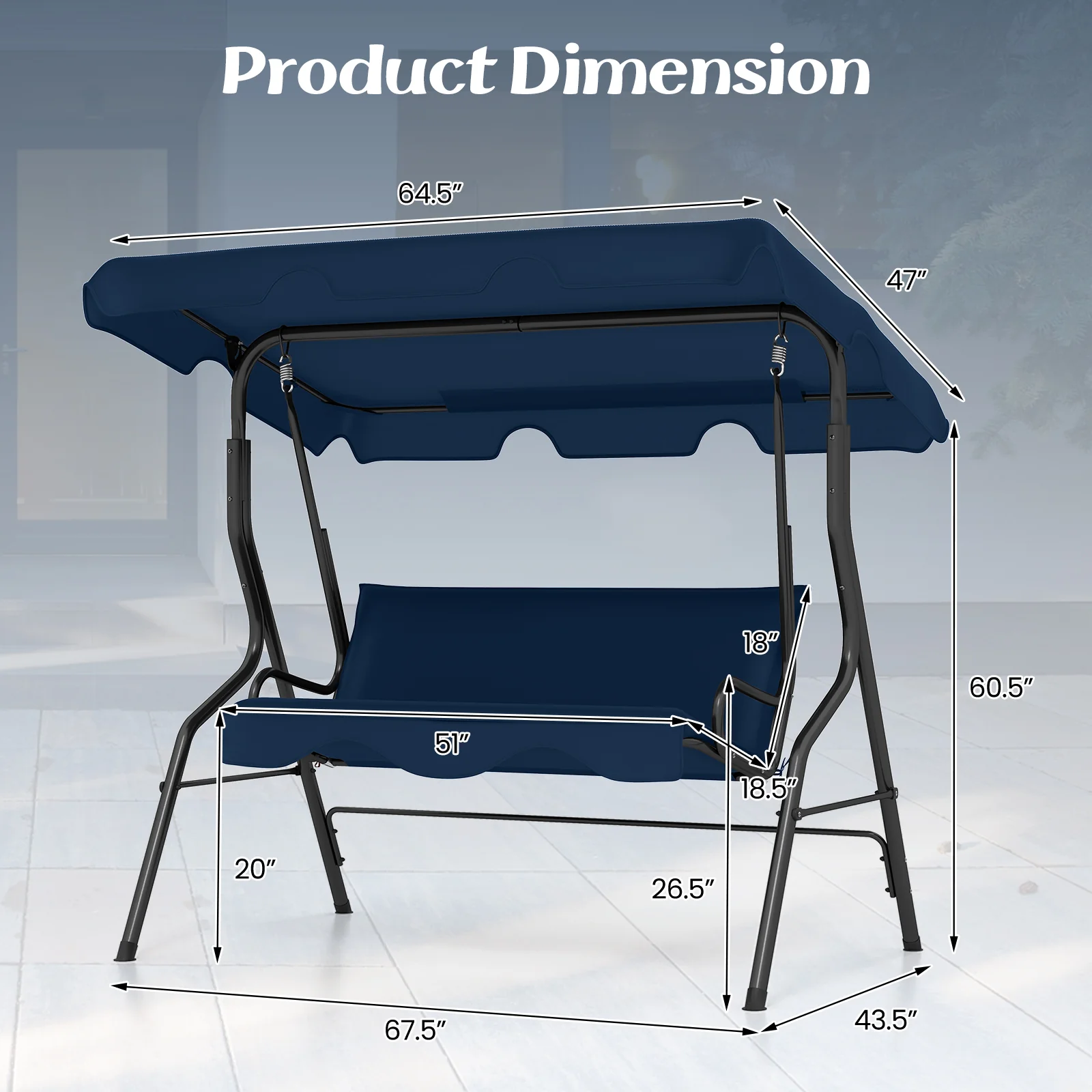 3-Seat Outdoor Patio Canopy Swing, Navy - Image 6