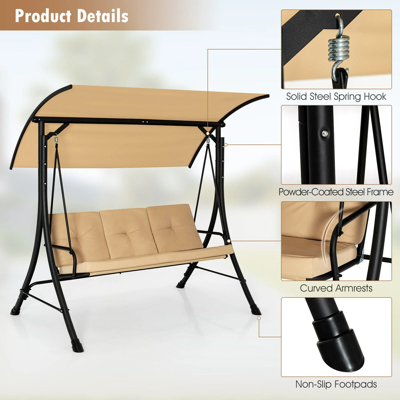 3-Seat Outdoor Porch Swing, Adjustable Canopy, Padded Cushions, Beige - Image 10