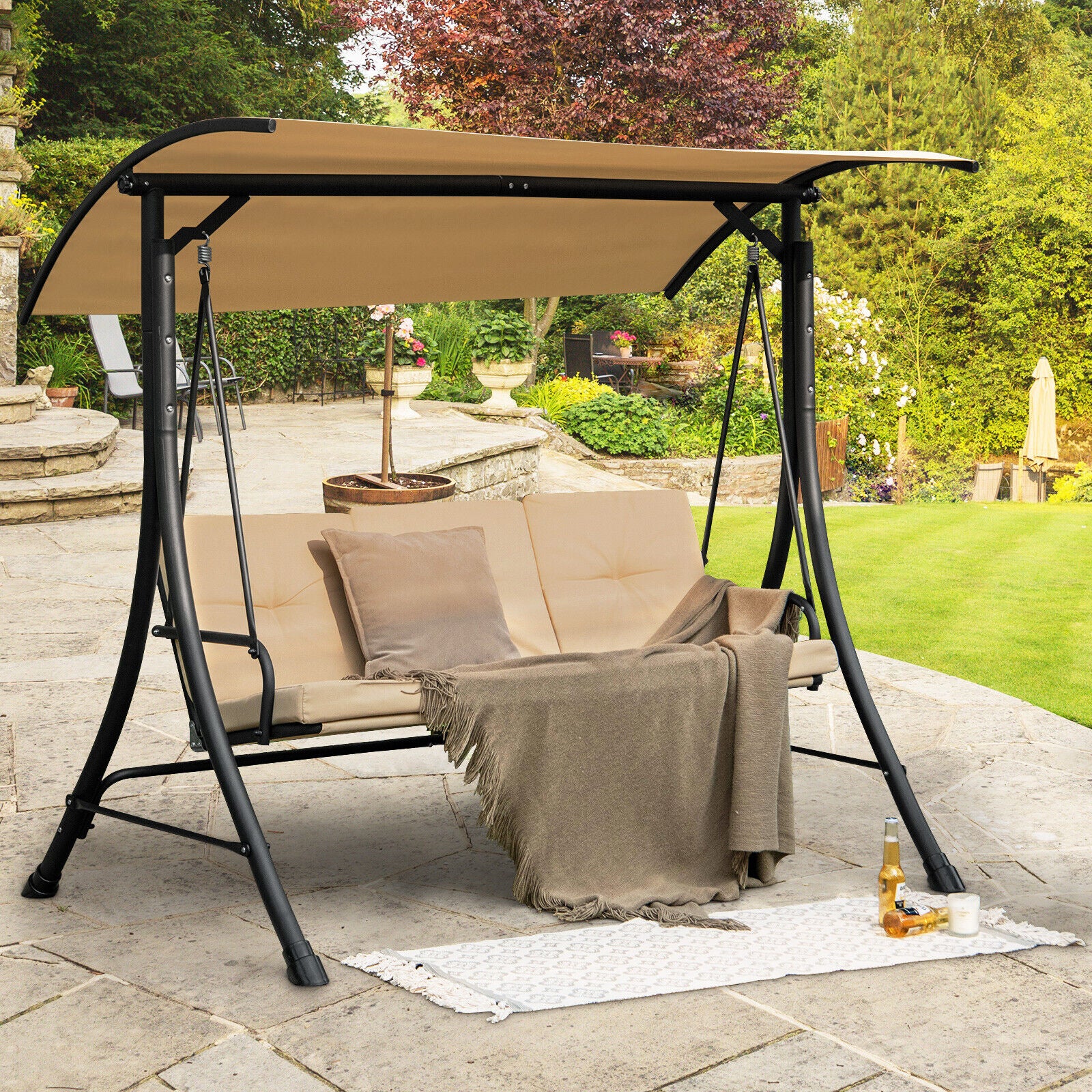3-Seat Outdoor Porch Swing, Adjustable Canopy, Padded Cushions, Beige - Image 2