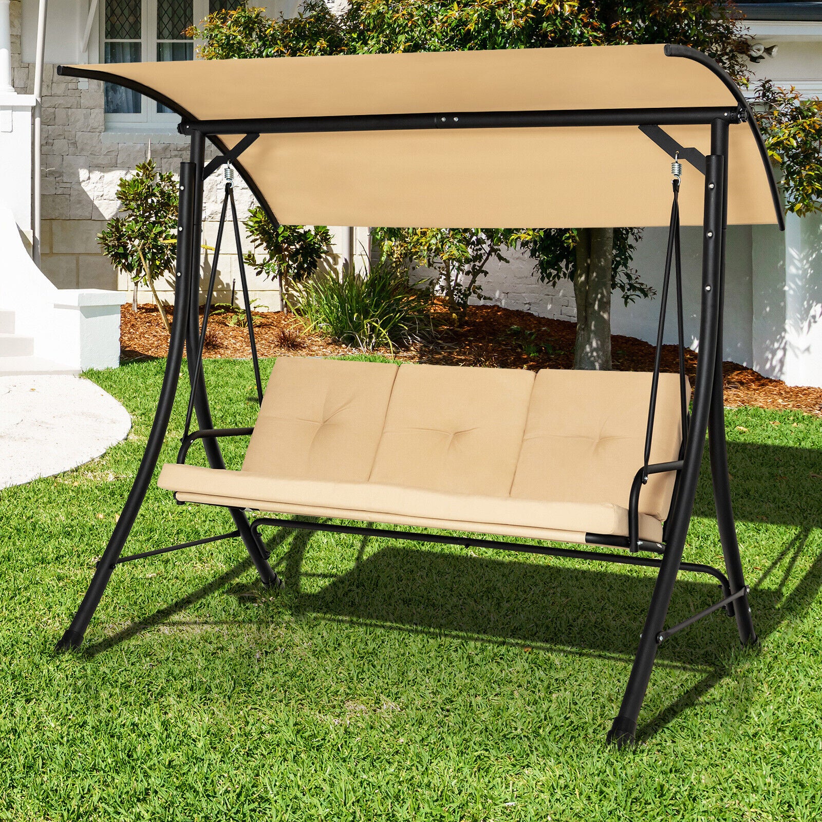 3-Seat Outdoor Porch Swing, Adjustable Canopy, Padded Cushions, Beige - Image 3