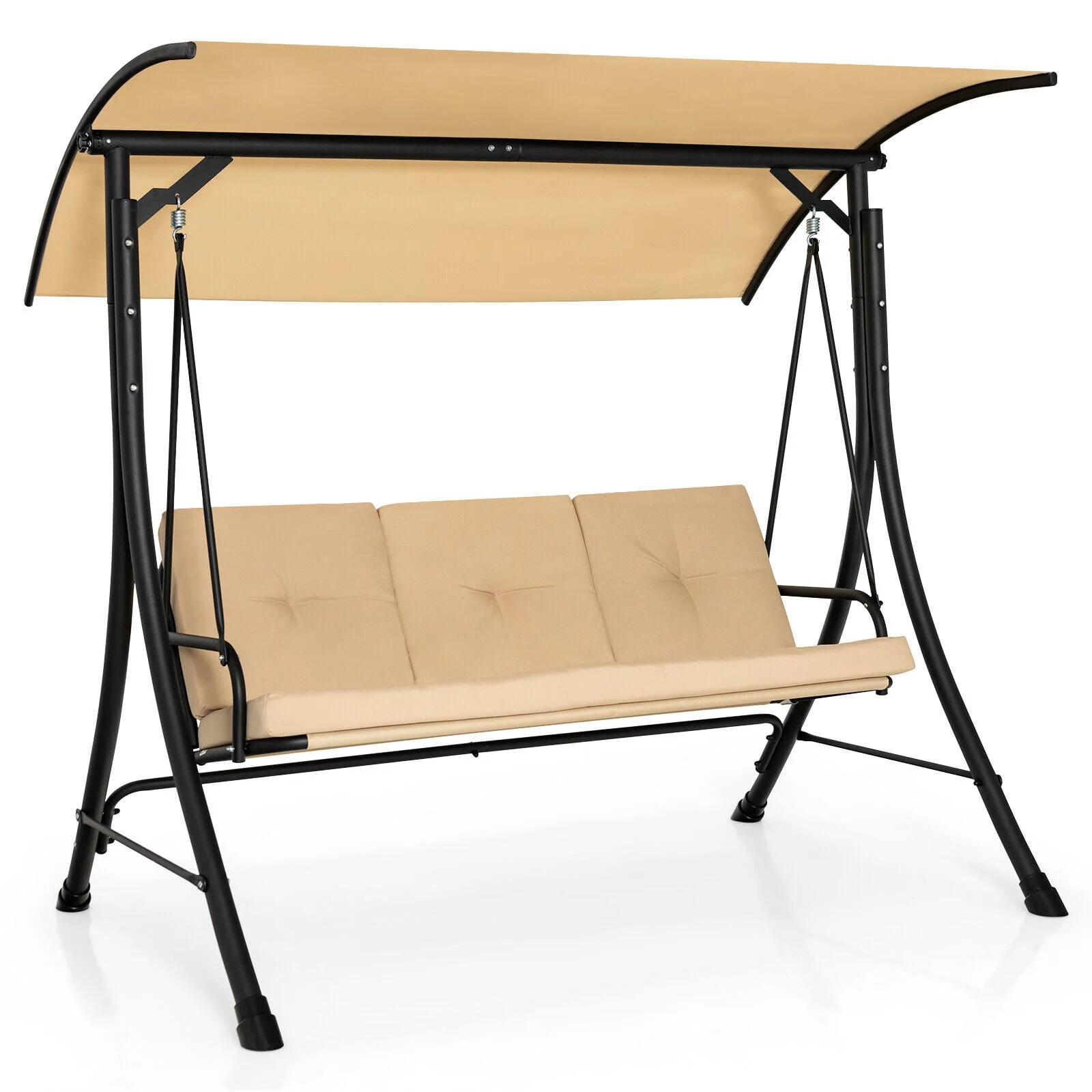 3-Seat Outdoor Porch Swing, Adjustable Canopy, Padded Cushions, Beige - Image 4