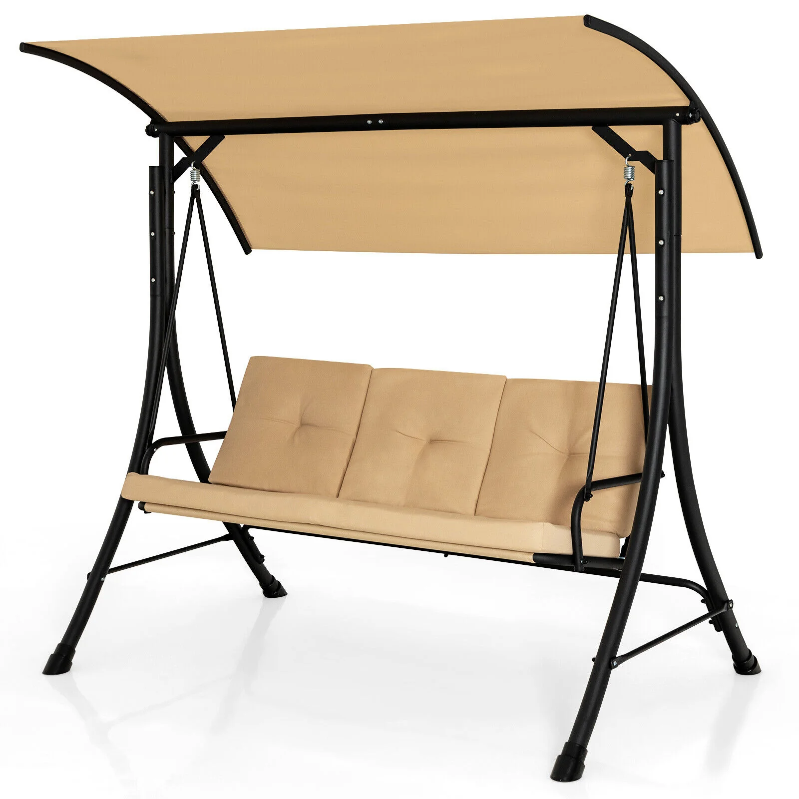3-Seat Outdoor Porch Swing, Adjustable Canopy, Padded Cushions, Beige - Image 5