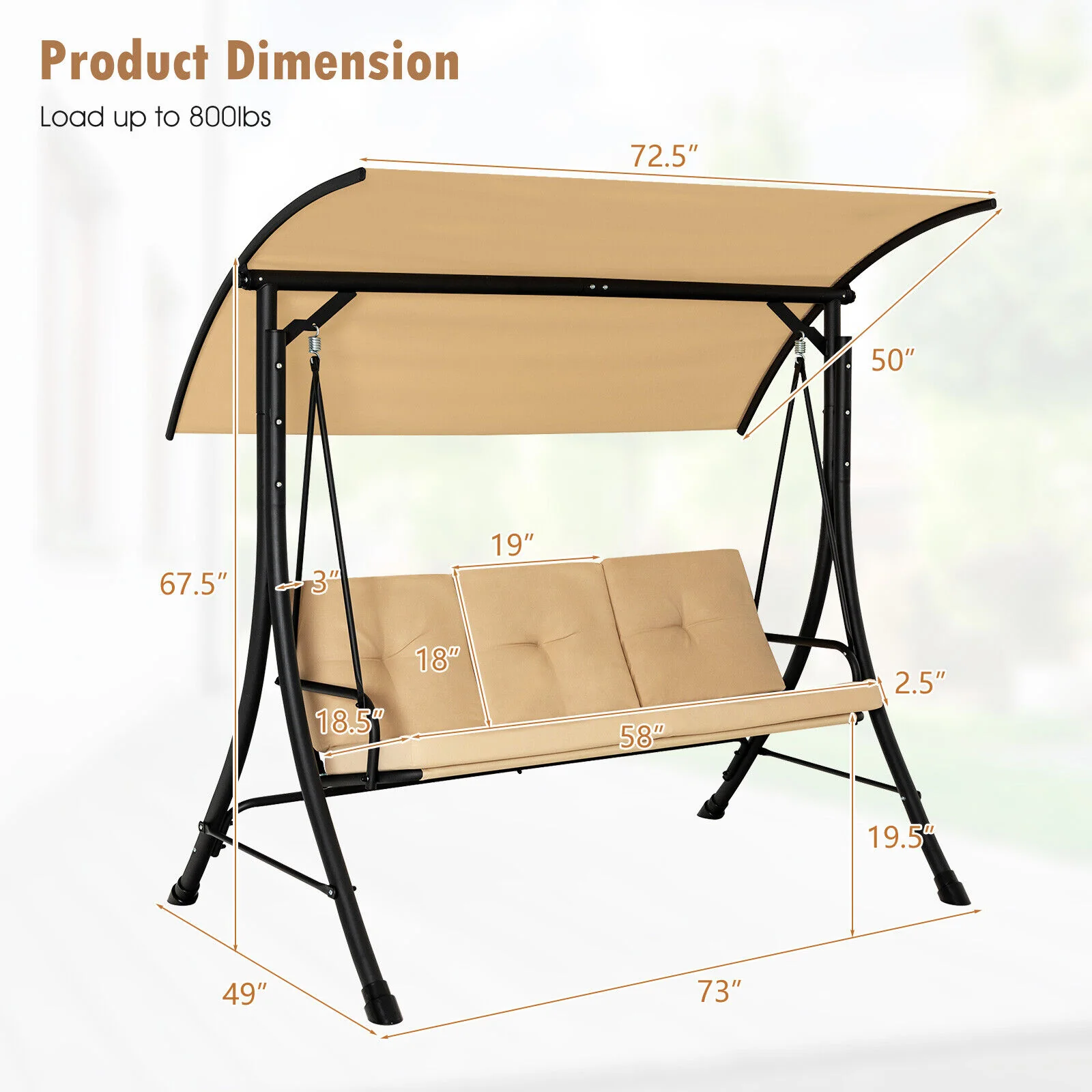 3-Seat Outdoor Porch Swing, Adjustable Canopy, Padded Cushions, Beige - Image 6