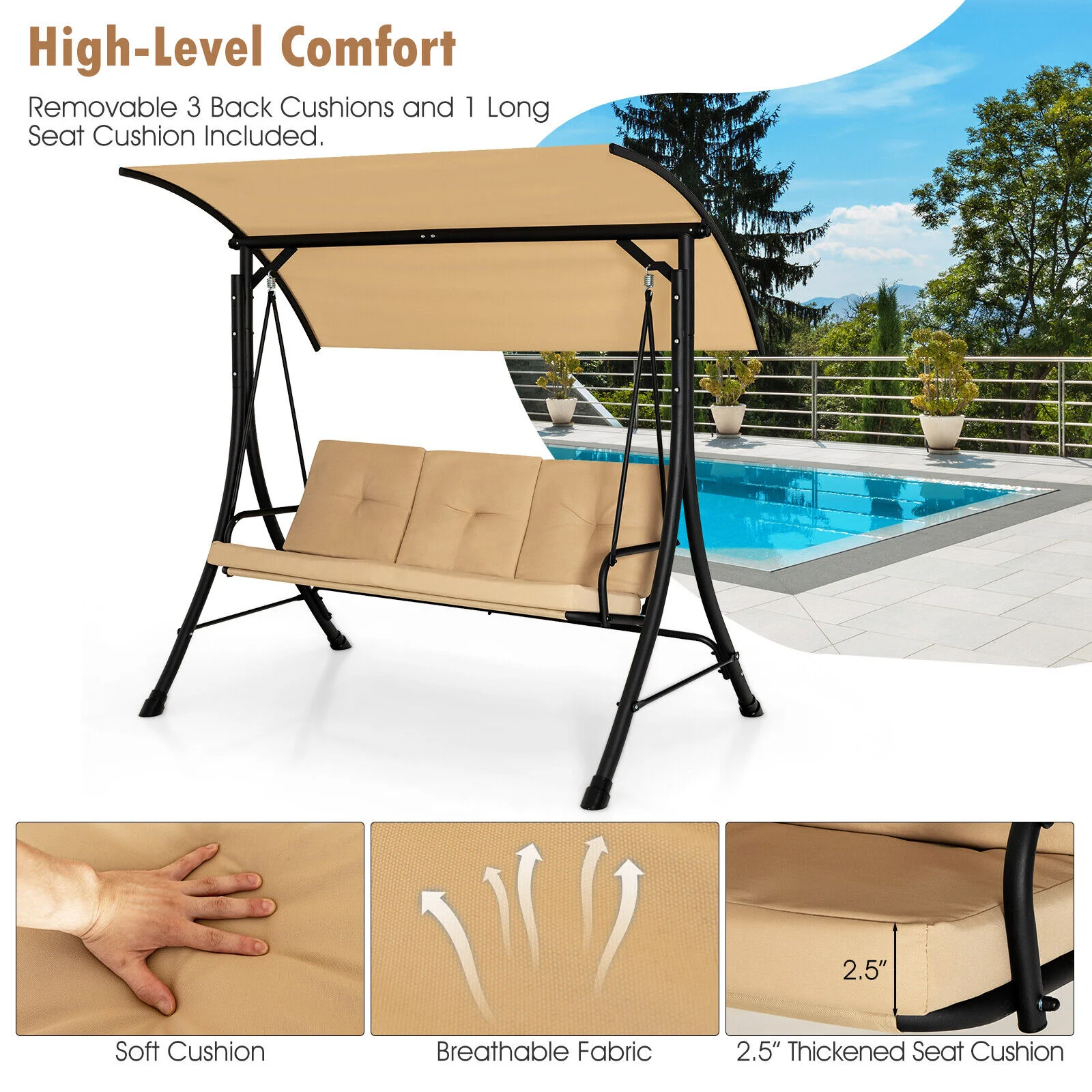 3-Seat Outdoor Porch Swing, Adjustable Canopy, Padded Cushions, Beige - Image 7