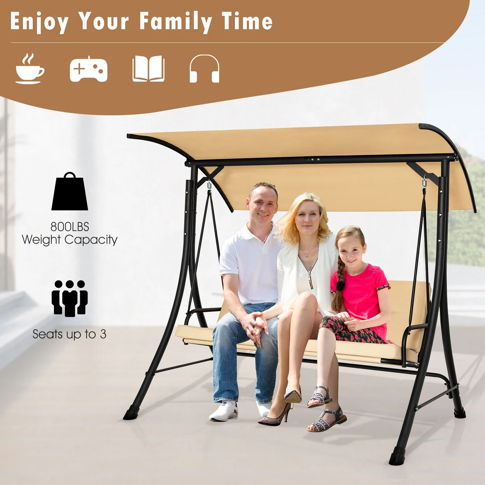 3-Seat Outdoor Porch Swing, Adjustable Canopy, Padded Cushions, Beige - Image 8