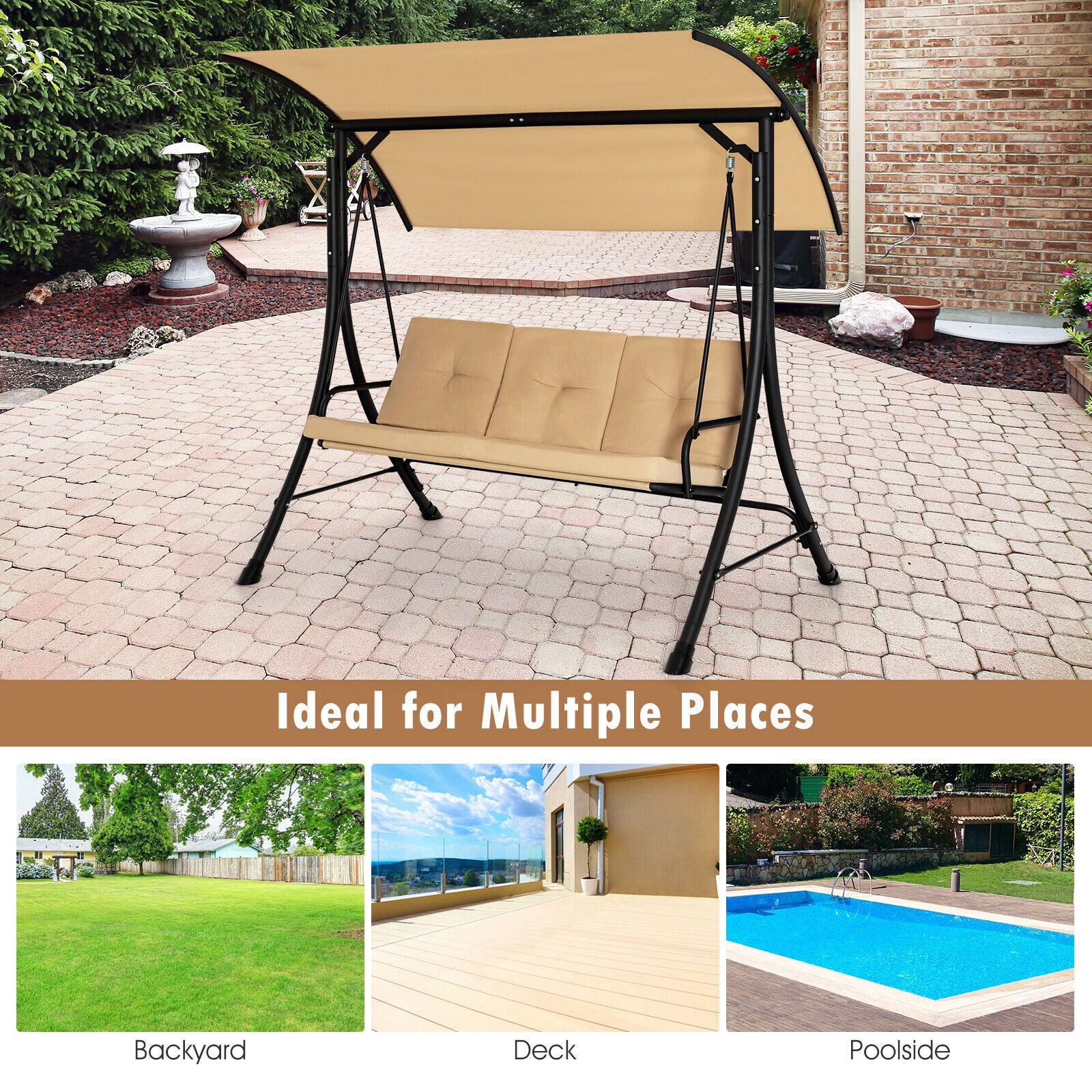 3-Seat Outdoor Porch Swing, Adjustable Canopy, Padded Cushions, Beige - Image 9